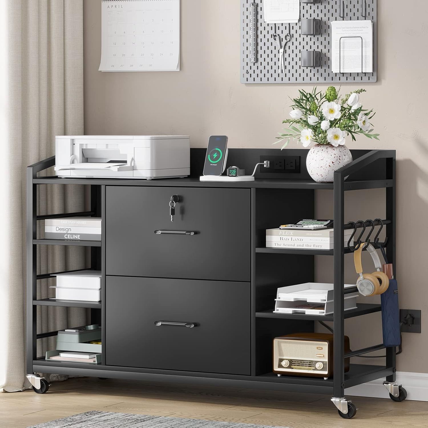 44&quot; File Cabinet, Filing Cabinets Fits Legal, Letter, A4 Size, 2 Drawer Office File Cabinet for Home Office with Lock, Power Strip, 6 Adjustable Shelves &amp; 4 Hooks, Black