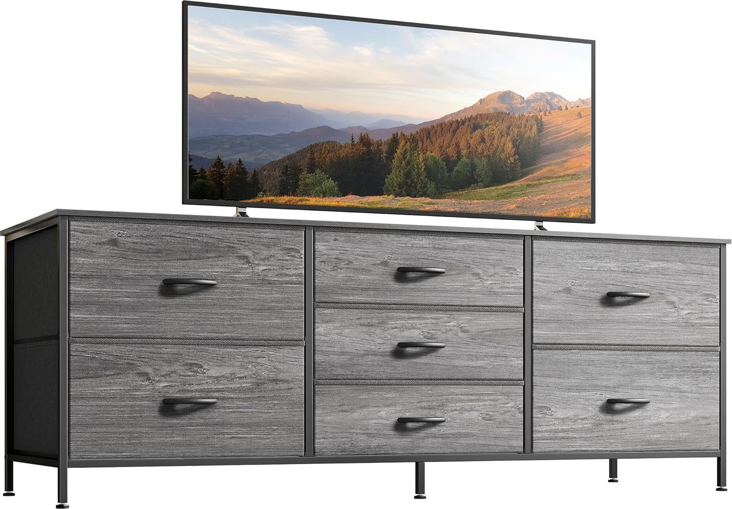 Dresser for Bedroom, 55 Inch Dresser TV Stand for 43, 55, 60 Inch TV, Long Dresser, Fabric Dresser, TV Stand with 7 Drawers, Storage Dresser for Closet, Clothing, Grey