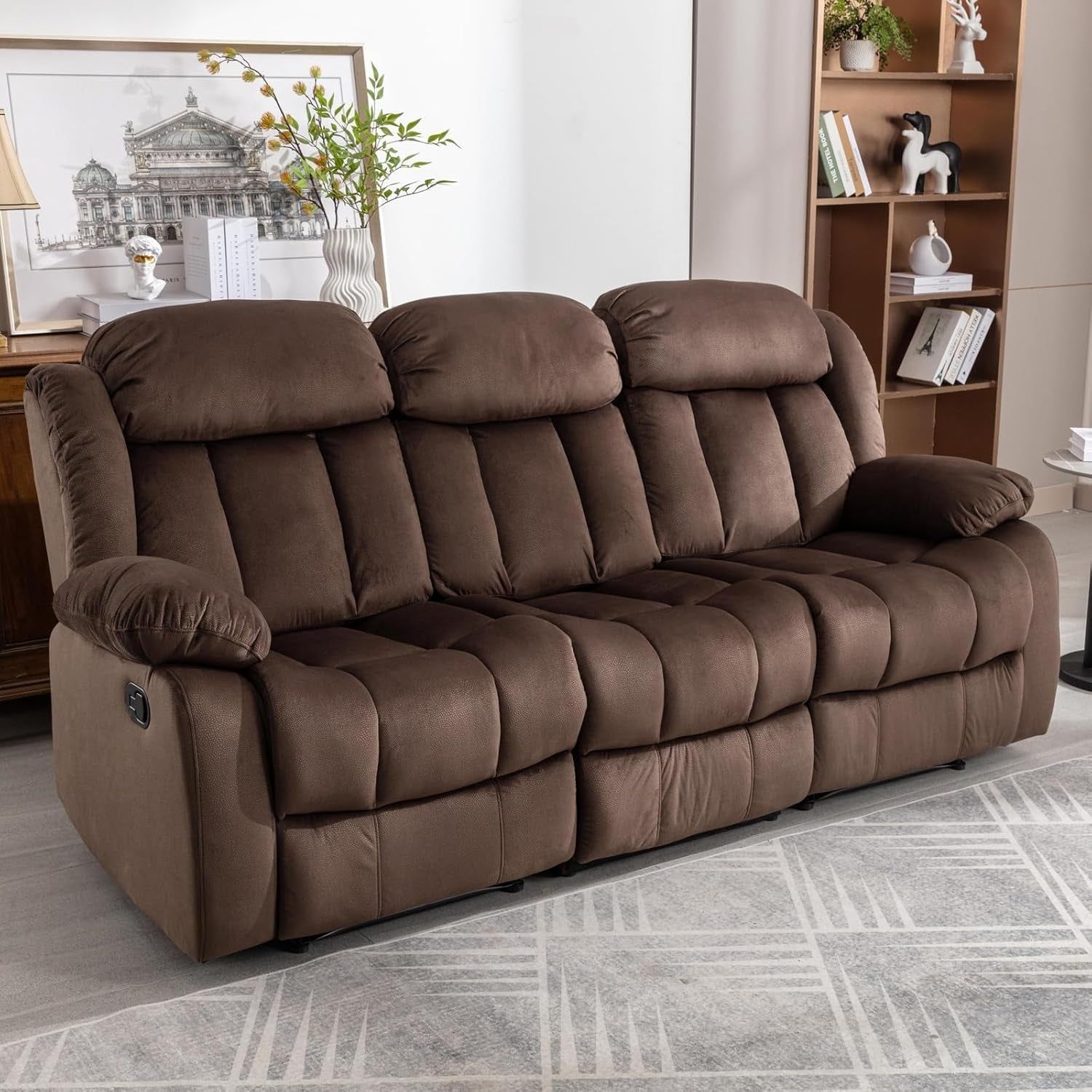 Manual Recliner Chair, Classic 3 Seat Reclining Sofa with Overstuffed Arms and Backrest for Living Room, Bedroom, Sofa, Brown