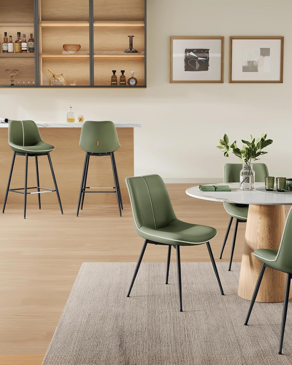 Green Leather Bar Stools with Back (Set 2)