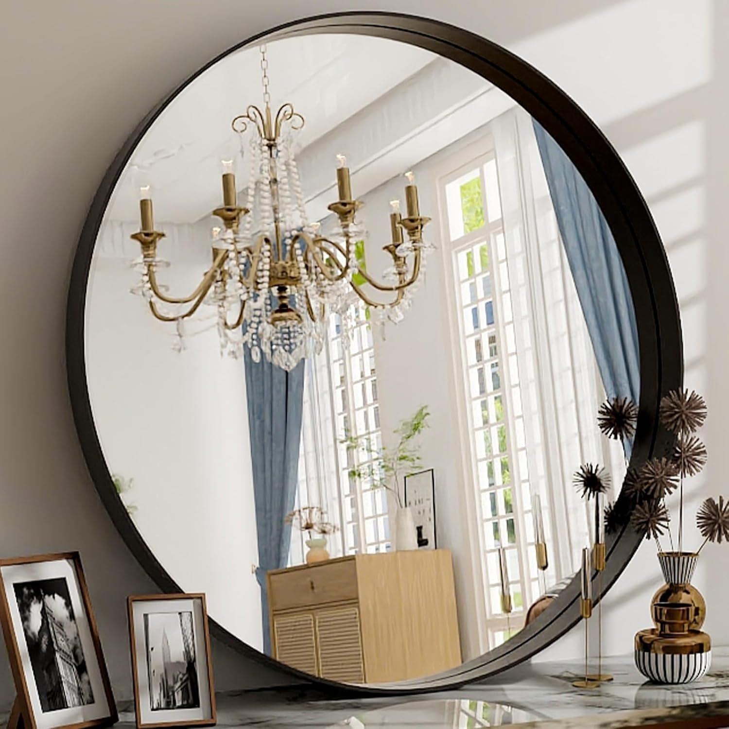32 Inch Black round Bathroom Mirror - Wall Mounted Circle Mirror with Metal Frame, Modern Mirror Suitable for Bathroom, Vanity, Entryway, Living Room, Wall Decor