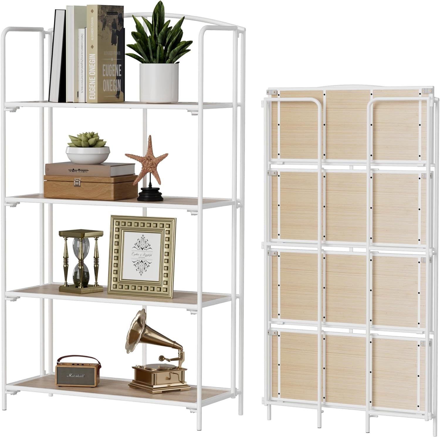 No Assembly Folding Bookshelf for Living Room, 4 Tier White Collapsible Book Shelf for Home Office, Portable Bookcase Storage Organizer