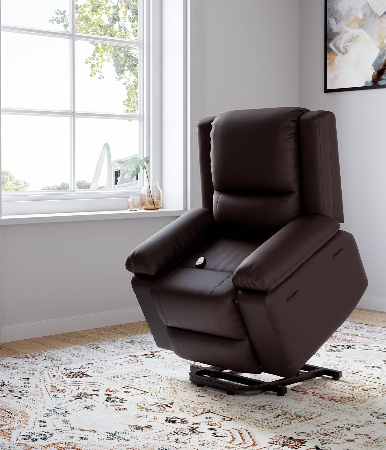 Oversized Faux Leather Power Lift Recliner W/Massage and Heat for Elderly, Recliner Chairs with Pockets for Living Room (Brown, Large)