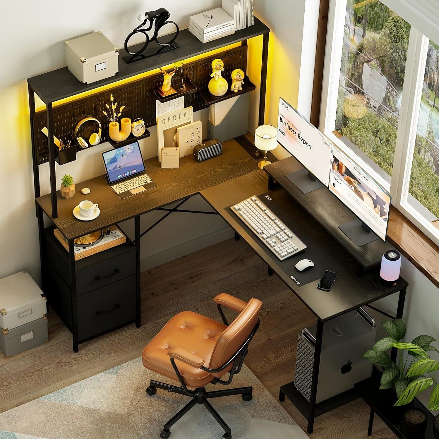 L Shaped Desk with Pegboard, Reversible Computer Desk with Drawers &amp; Storage Shelves, Gaming Desk with LED Lights &amp; Power Outlets, Office Desk with Monitor Stand Corner Desk Home Office Desks