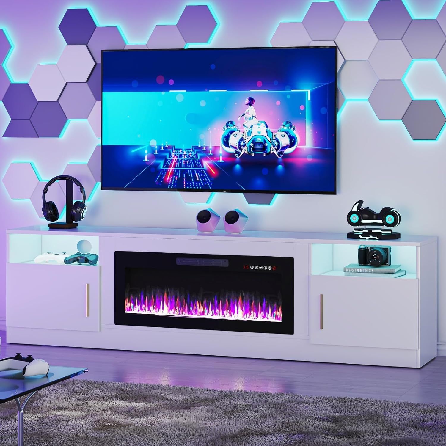 Fireplace TV Stand with 36&quot; Fireplace，80&quot; TV Stand with LED Light for Tvs up to 85&quot;，Entertainment Center Console Table with Highlight Storage Cabinets (White)