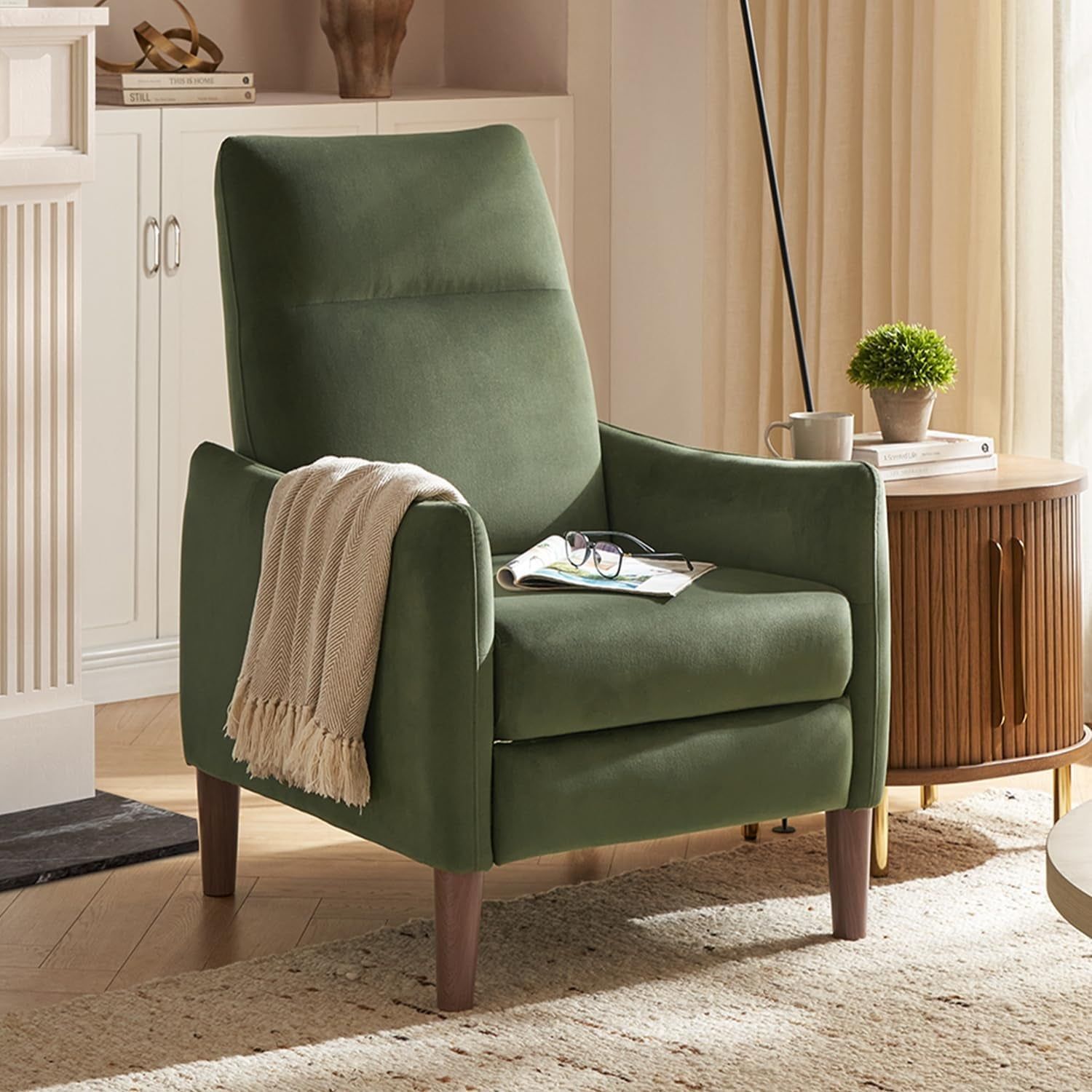 Arthur Recliner Chair with 3 Positions, Accent Chair, Mid Century Modern Reading Chair, High Back Padded Support Comfy Sleeper Armchair (Olive Green Velvet)