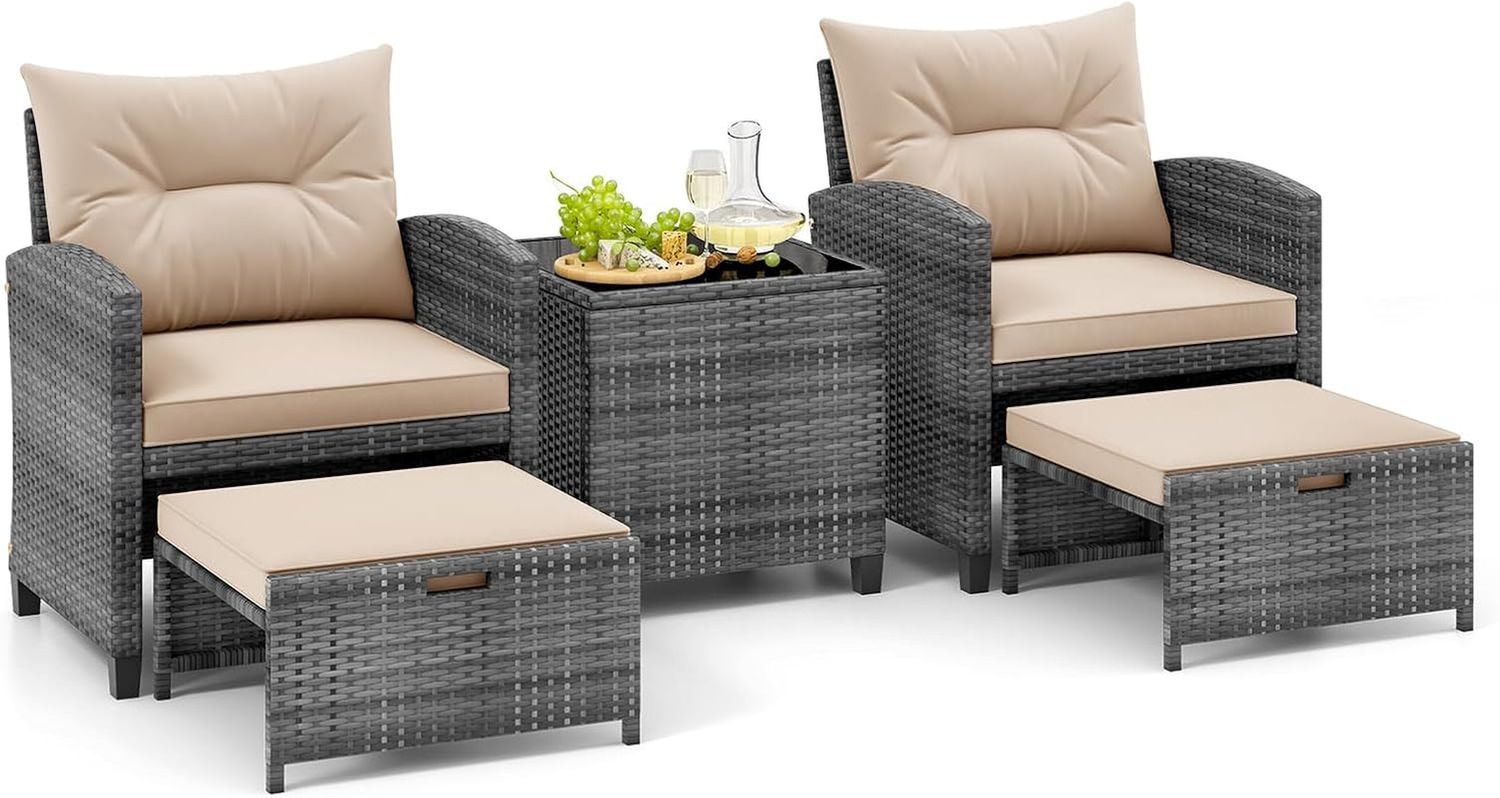 5 Piece Patio Rattan Furniture, Wicker Cushioned Chairs Set W/ 2 Ottomans &amp; Tempered Glass Coffee Table, for Poolside, Backyard, Lawn, Deck (Mix Gray+Beige)