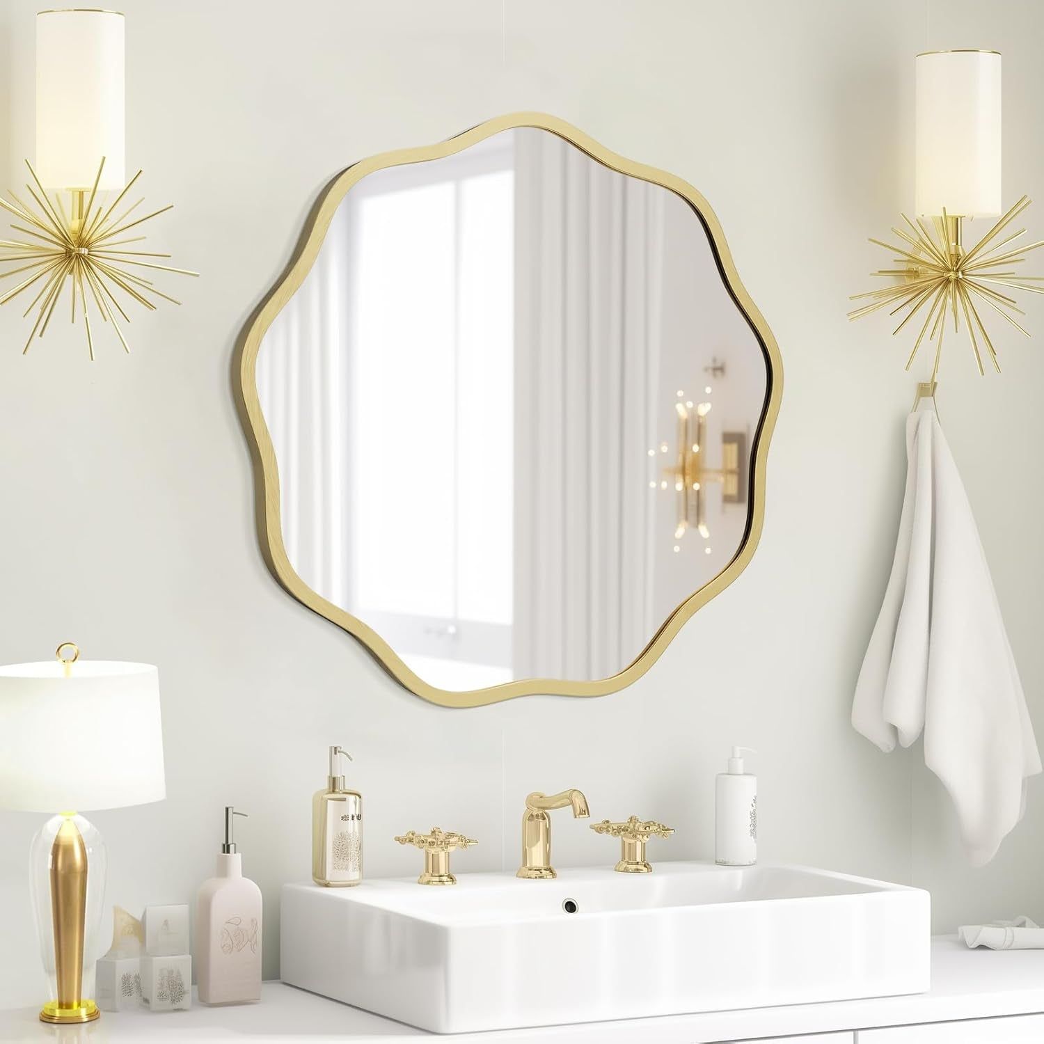 round Wavy Mirror for Wall Decorative 20 Inch, Modern round Mirror Aluminum Frame Circle Wall Mirror for Bathroom Bedroom Living Room Home House Office Entryway, Gold