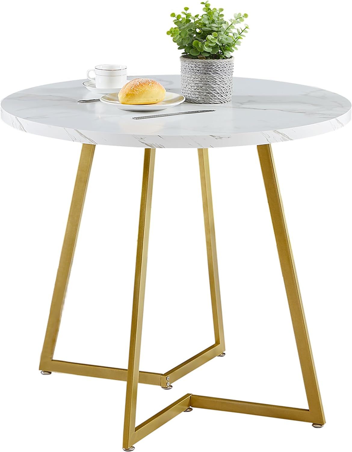 round Dining Room Table with Wood Grain Tabletop and Steel Frame, for Kitchen, Living Room, Office, Conference, 2 to 4 Person, White &amp; Gold