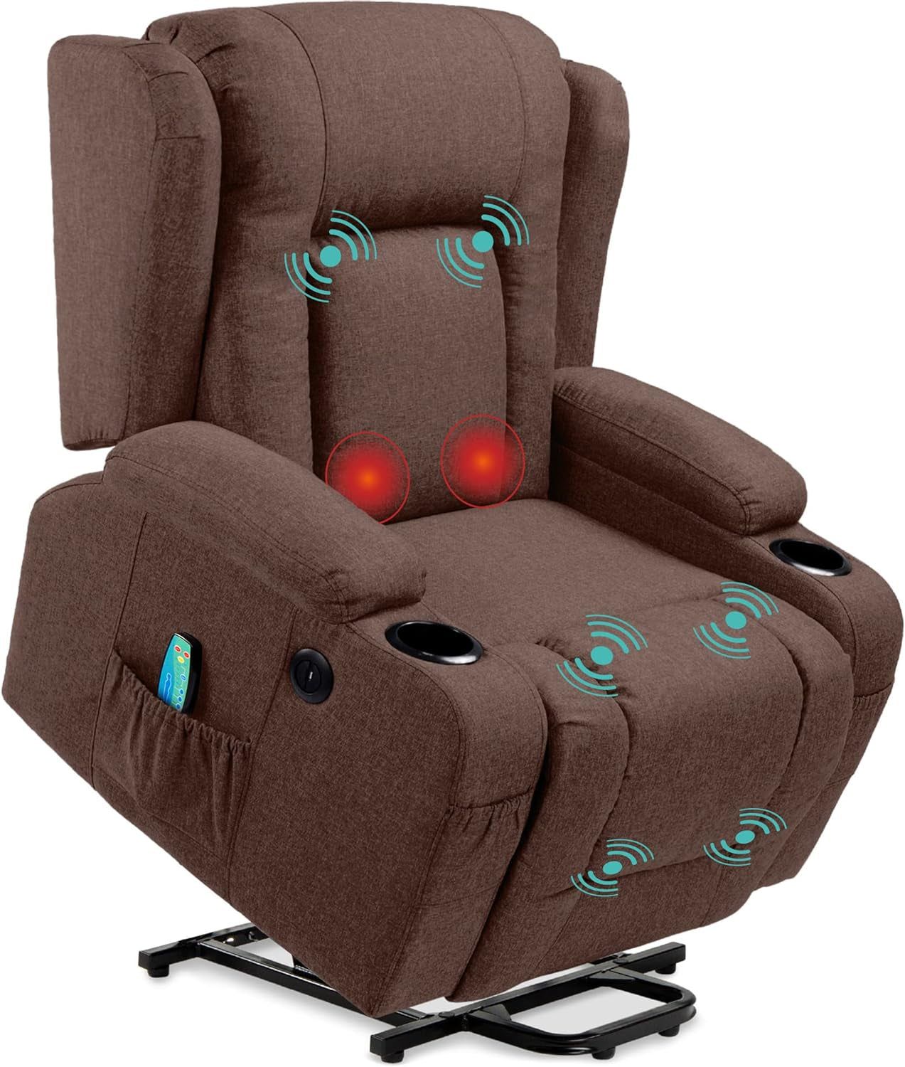 Modern Linen Electric Power Lift Chair, Recliner Massage Chair, Adjustable Furniture for Back, Legs W/ 3 Positions, USB Port, Heat, Cupholders, Easy-To-Reach Button - Brown