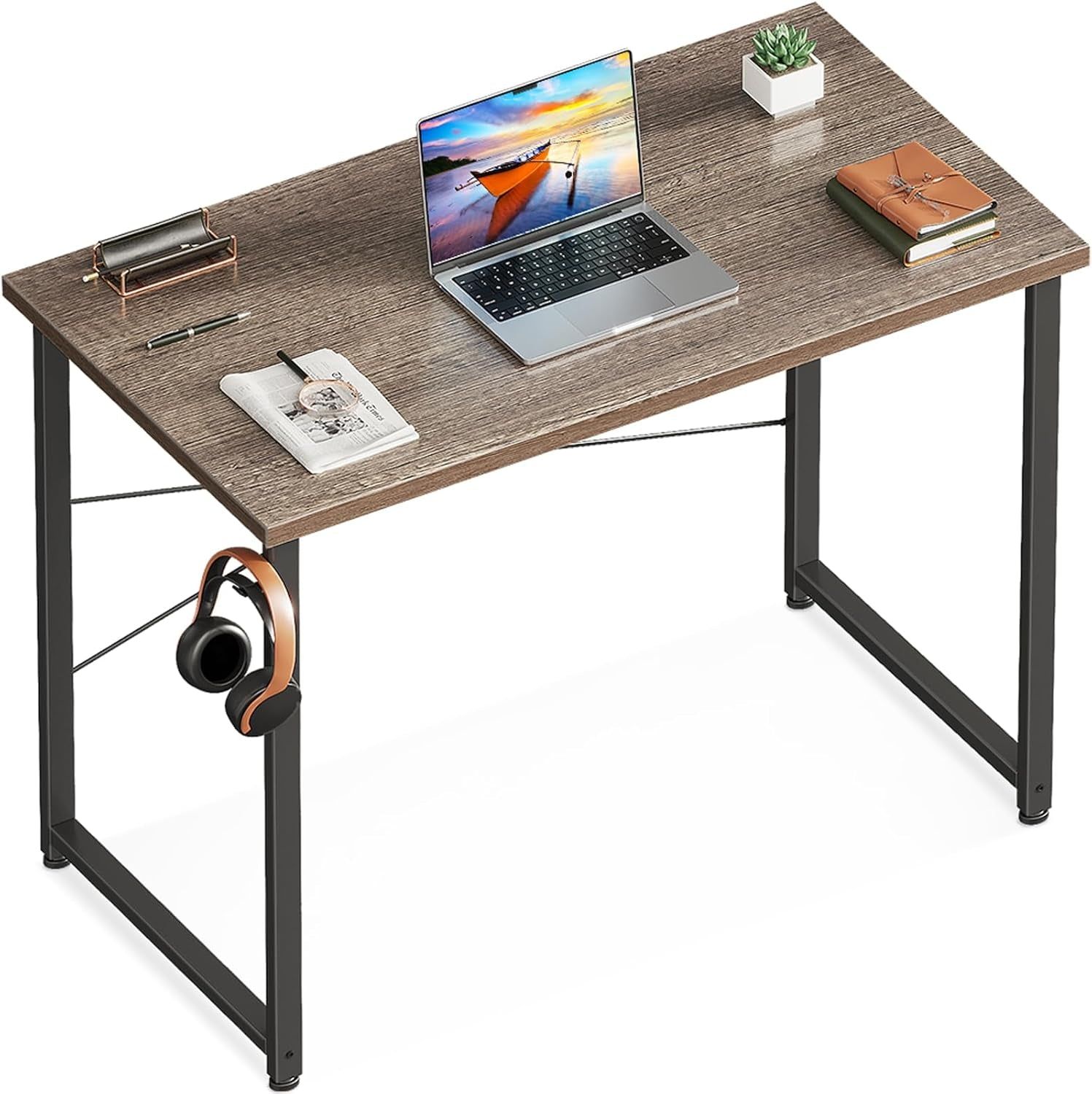 32 Inch Small Computer Desk for Home Office, Study Writing Table for Small Spaces, Simple Modern Desk with Headphone Hooks, Grey Oak