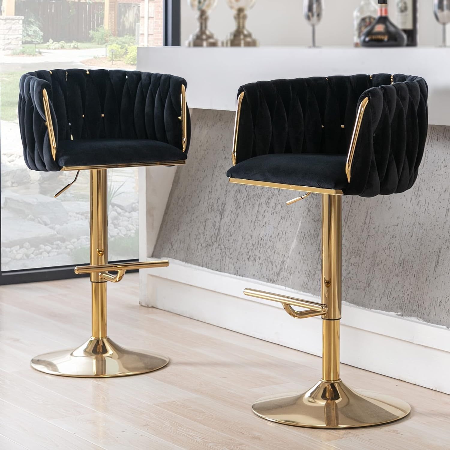 Modern Swivel Bar Stools Set of 2, Velvet Adjustable Height Barstool with Barrel Back Kitchen Island Counter Bar Chair with Golden Base, Black