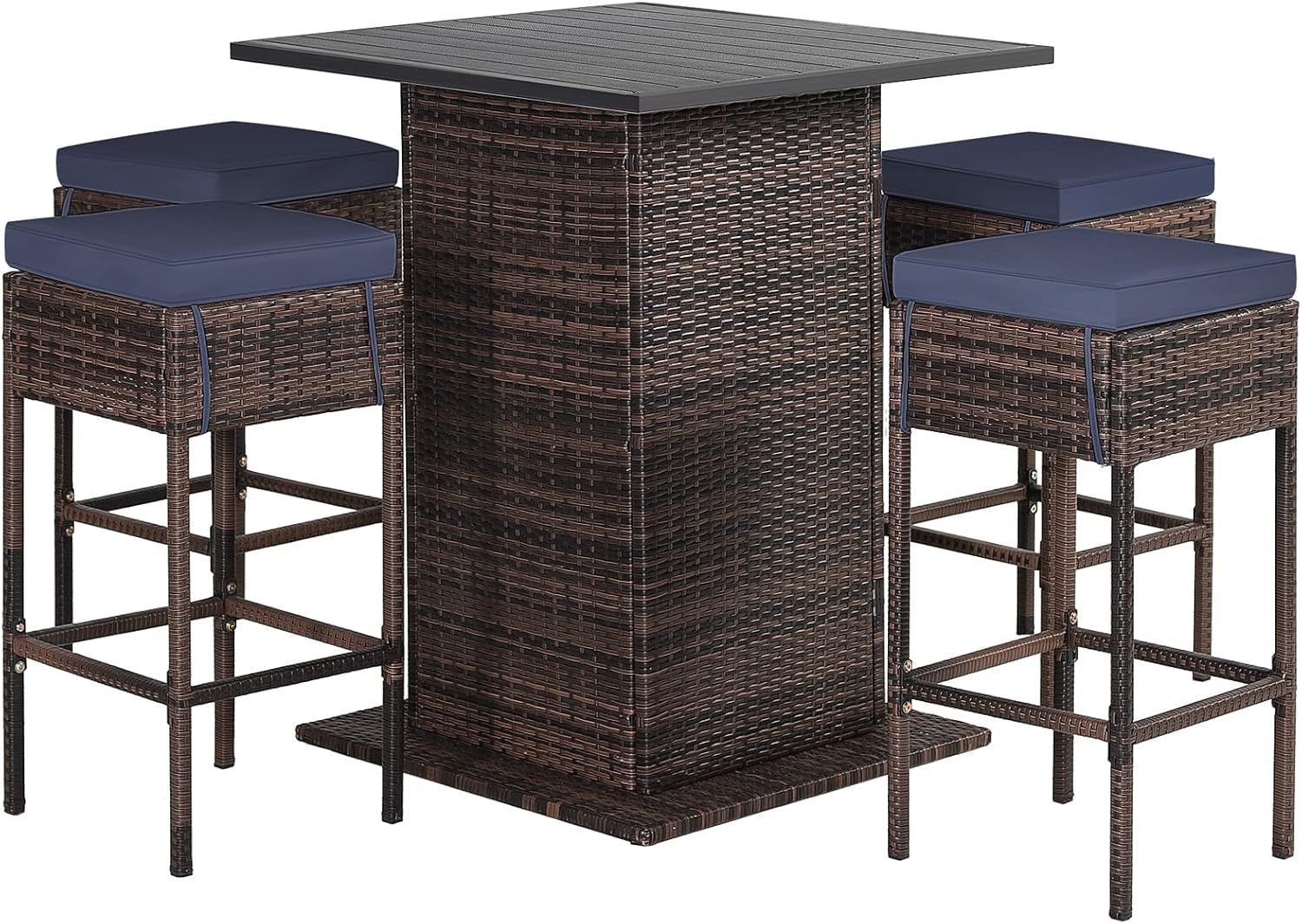 5-Piece Outdoor Bar Set, Wicker Rattan Bar Height Patio Set W/4 Cushion Bar Stools &amp; Table with Hidden Storage, 5PCS Outdoor High Top Table and Chairs Set for Backyard Poolside (Navy Blue)