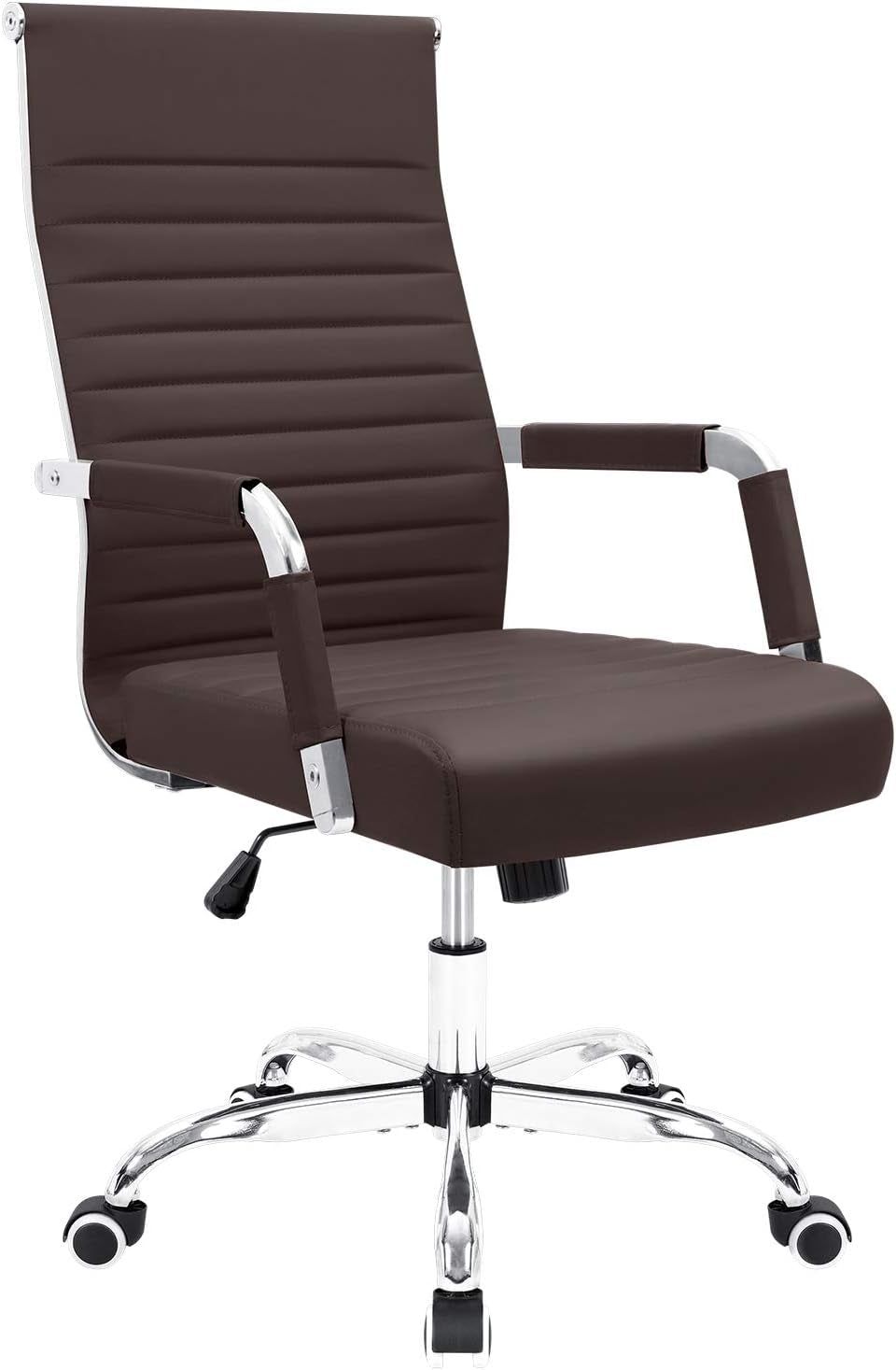 Ribbed Office Desk Chair Mid-Back PU Leather Executive Conference Task Chair Adjustable Swivel Chair with Arms (Brown)
