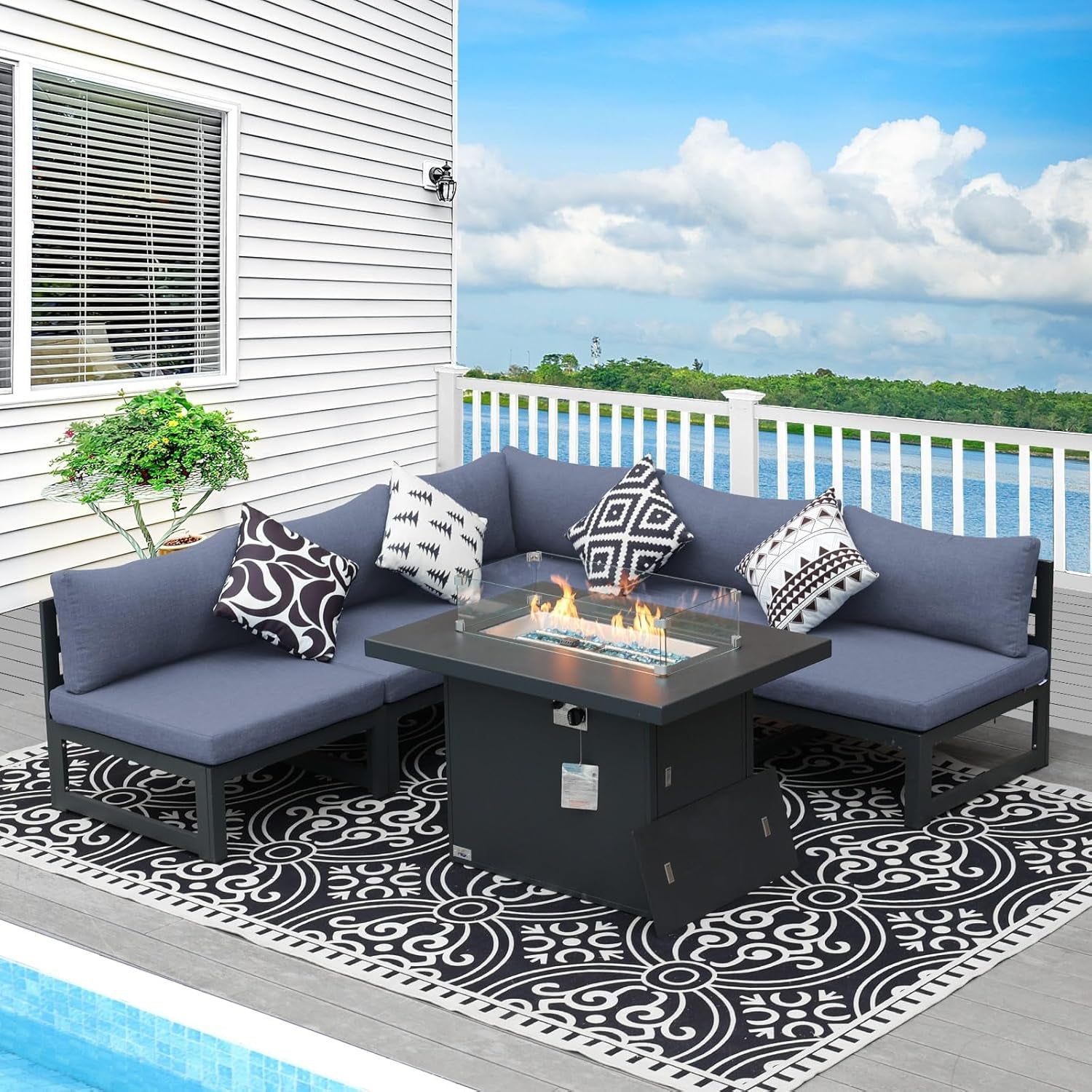 ® Modern Large Grey Aluminum Outdoor Patio Furniture Set with Propane/Natural Gas Fire Pit Table, 29&#39;&#39; Deep Wide Seating Conversation Sofa L Shaped Sectional Couch Set (6 Pieces, 5 Seats)