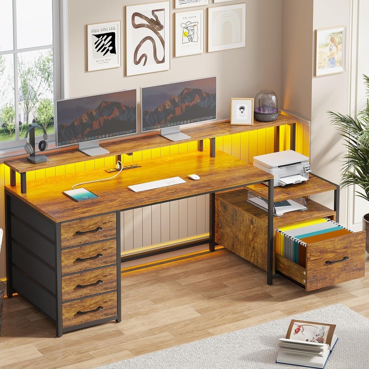 Home Office Desk with File Drawer &amp; Power Outlet, 66&#39;&#39; Computer Desk with 5 Drawer, Storage Shelves, Printer Cabinet and Monitor Shelf, Gaming Desk with Led Lights, Rustic Brown