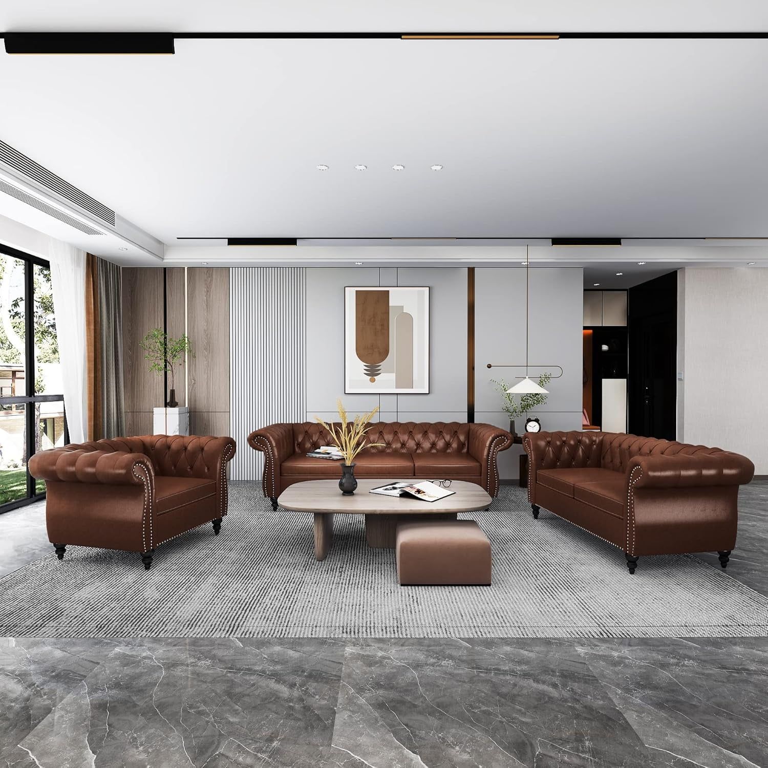3 Piece Living Room Set, Sectional Chesterfield Sofa Chair Contemporary Upholstered Leather Loveseat Couch Sets for Living Room, Bedroom, Office