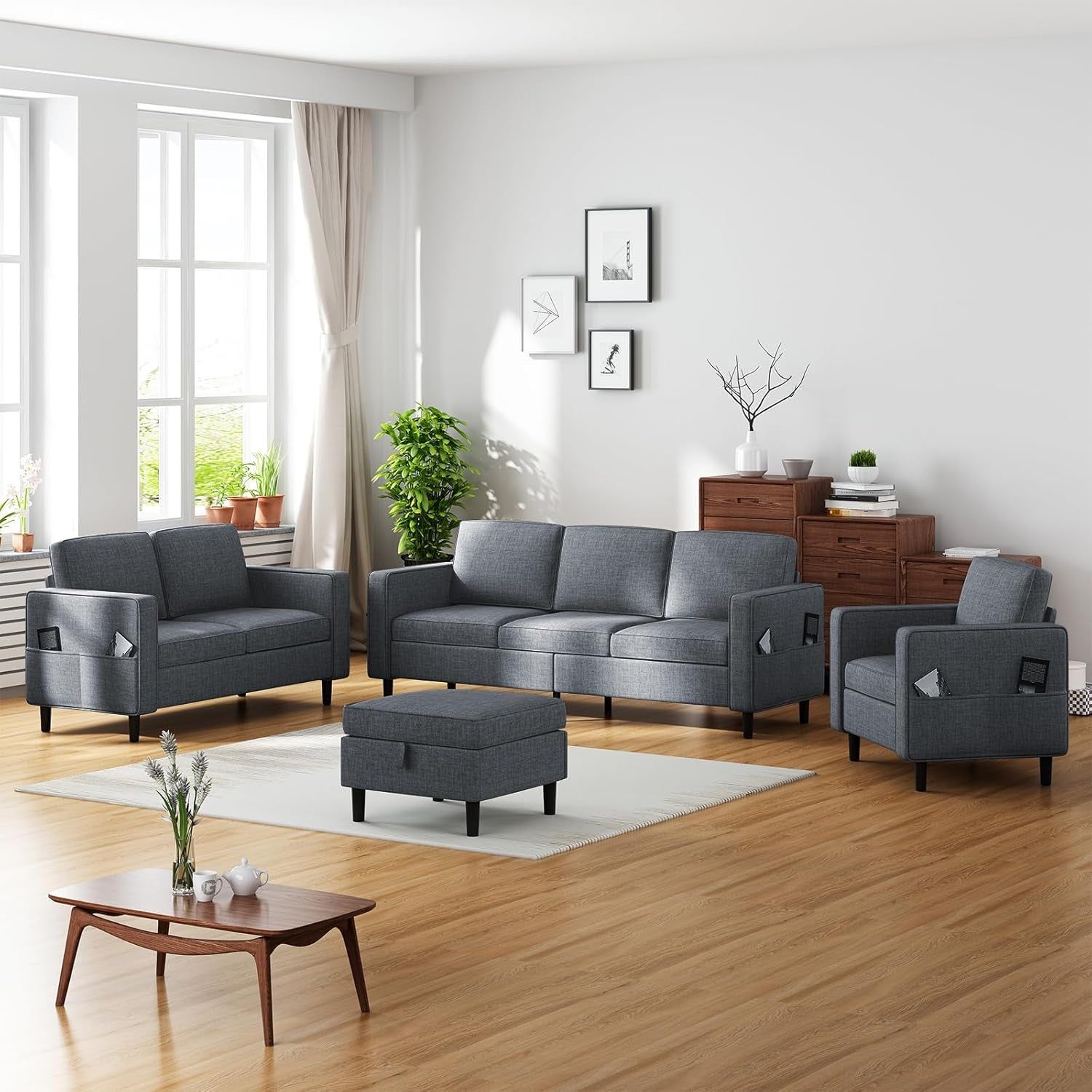 6 Seaters Sectional Upholstered Sofa, Linen Fabric Sofa Couch with Side Pockets, Free Combination Sofa Set with Movable Storage Ottoman, for Living Room-Sofa&amp;Loveseat&amp;Chair&amp;Ottoman,Dark Grey