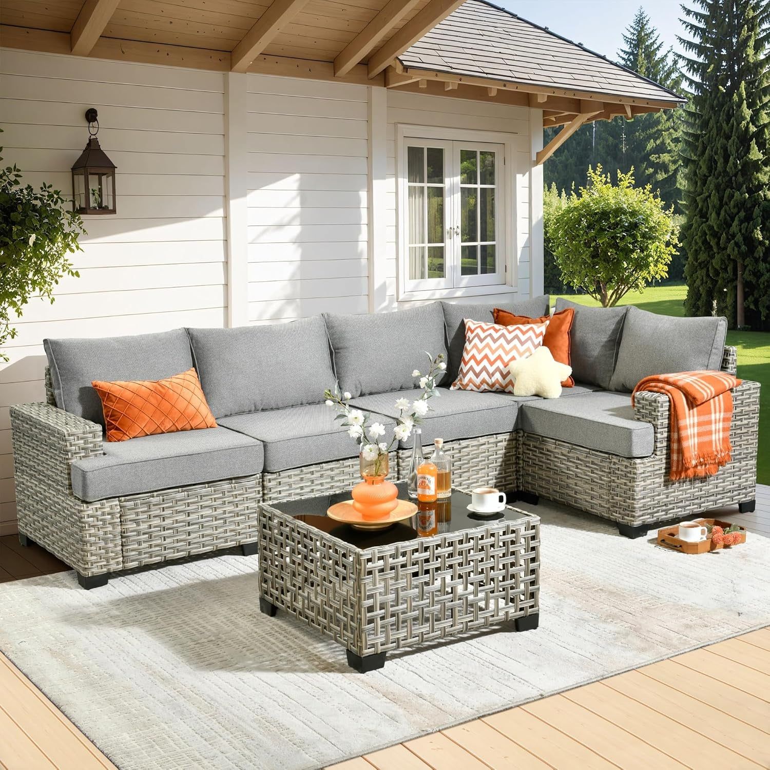 WEAXTY 6 Pieces Wicker Patio Furniture,Outdoor Sectional Furniture Set with Cushions and Luminous Coffee Table,All-Weather Conversation Sets Patio Furniture(Dark Gray)