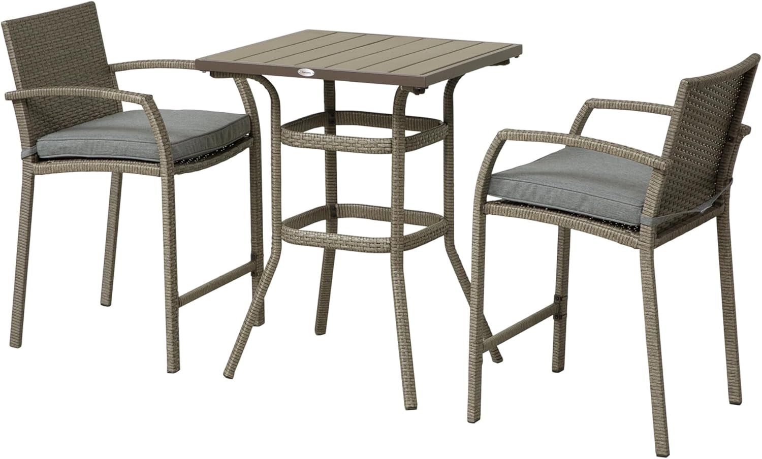 3 PCS Rattan Wicker Bar Set with Wood Grain Top Table and 2 Bar Stools for Outdoor, Patio, Poolside, Garden, Grey