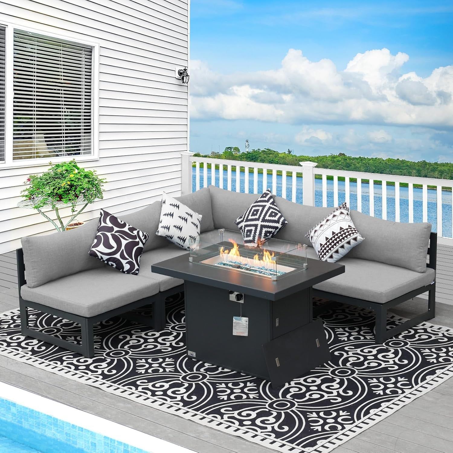 ® Modern Large Grey Aluminum Outdoor Patio Furniture Set with Fire Pit Table, 29&#39;&#39; Deep Wide Seating Conversation Sofa L Shaped Sectional Couch Set (6 Pieces, 5 Seats)