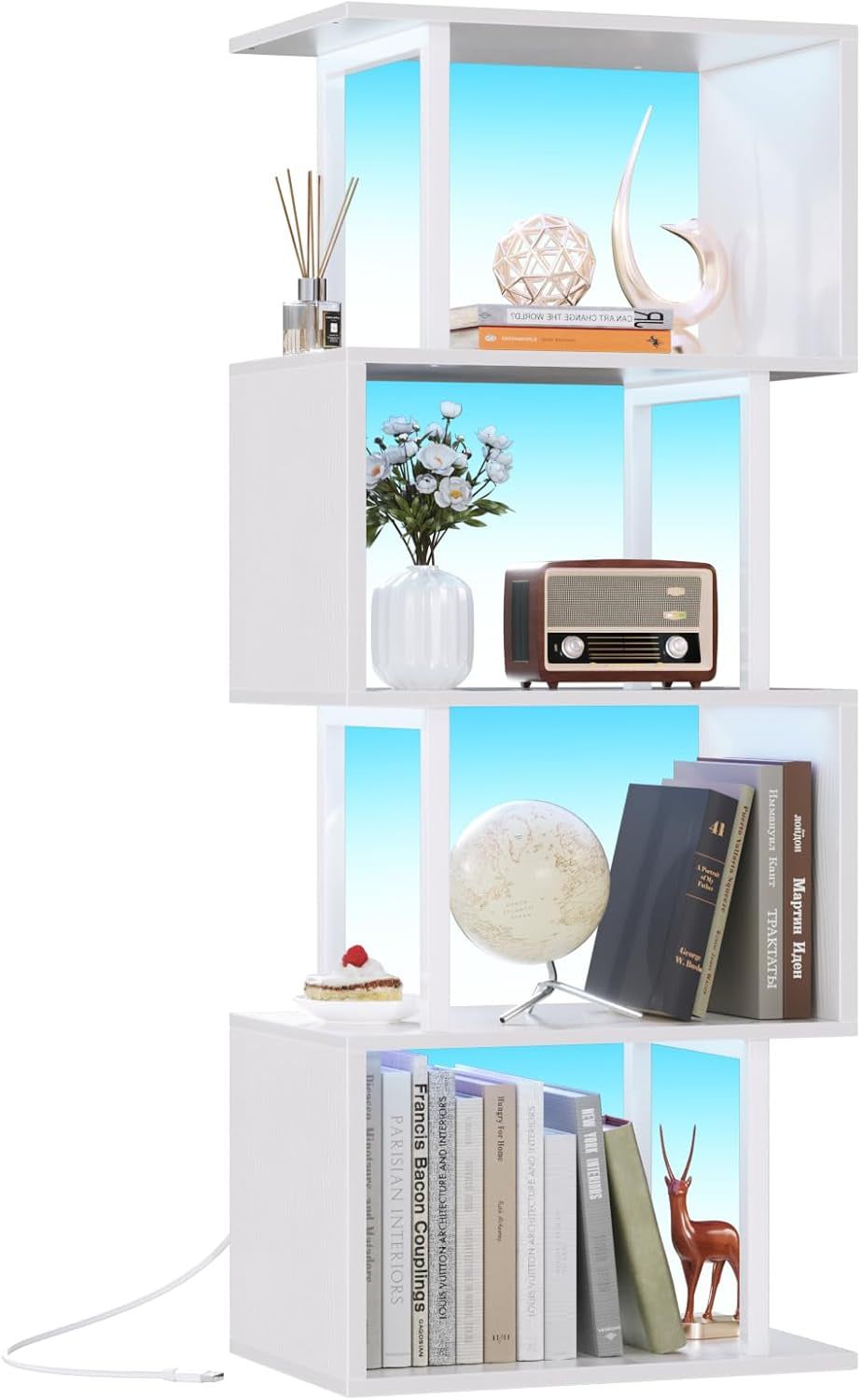 White Geometric Bookshelf with LED Light, 5 Tier S-Shaped Small Bookcase, Modern Display Standing Shelf, Metal Wooden Decorative Storage Shelves for Bedroom, Living Room, Office