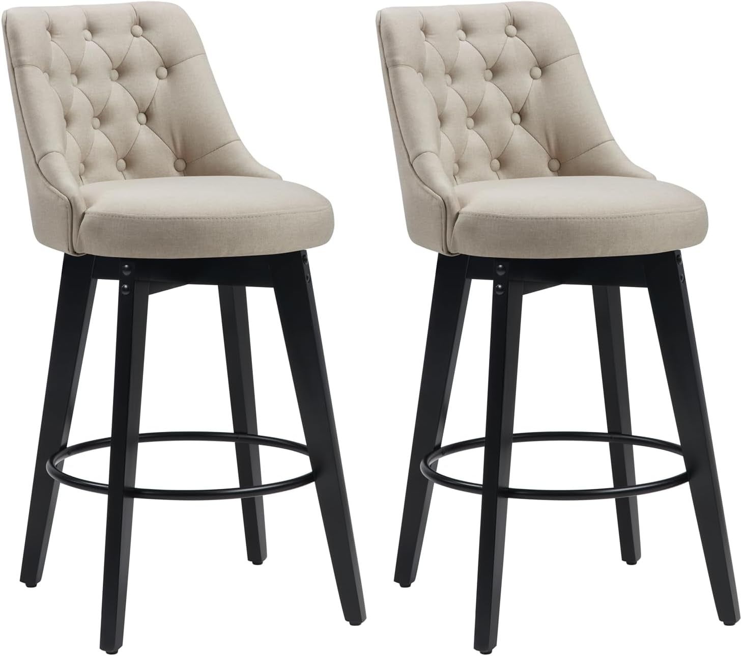 Bar Stools Set of 2, Swivel Barstools with Backs and Wood Legs, 27&quot; Linen Fabric Upholstered Bar Chairs for Kitchen Island, Dining, Cafe, Pub（Linen）