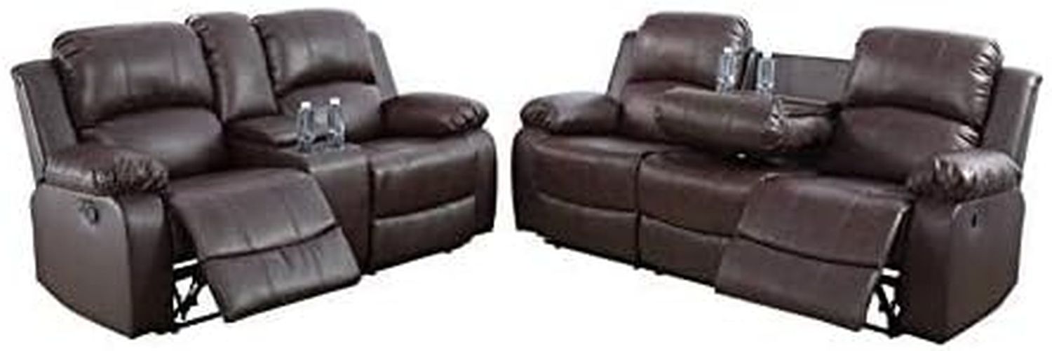 Faux Leather Recliner Sofa Set, Reclining Living Room Set, Manual Reclining Sofa and Loveseat with Recliner Chair (Brown, Sofa+Loveseat)