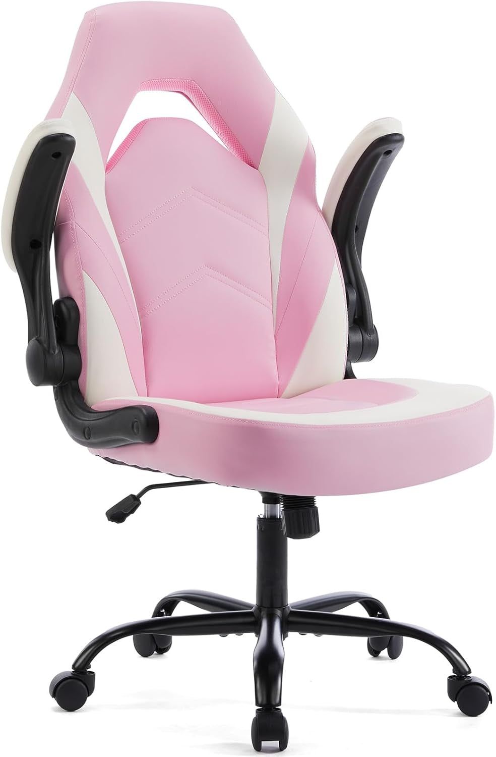 Computer Gaming Desk Chair - Pink Ergonomic Office Executive Adjustable Swivel Task PU Leather Racing Chair with Flip-Up Armrest for Adults, Kids, Men, Girls, Gamer, White Pink