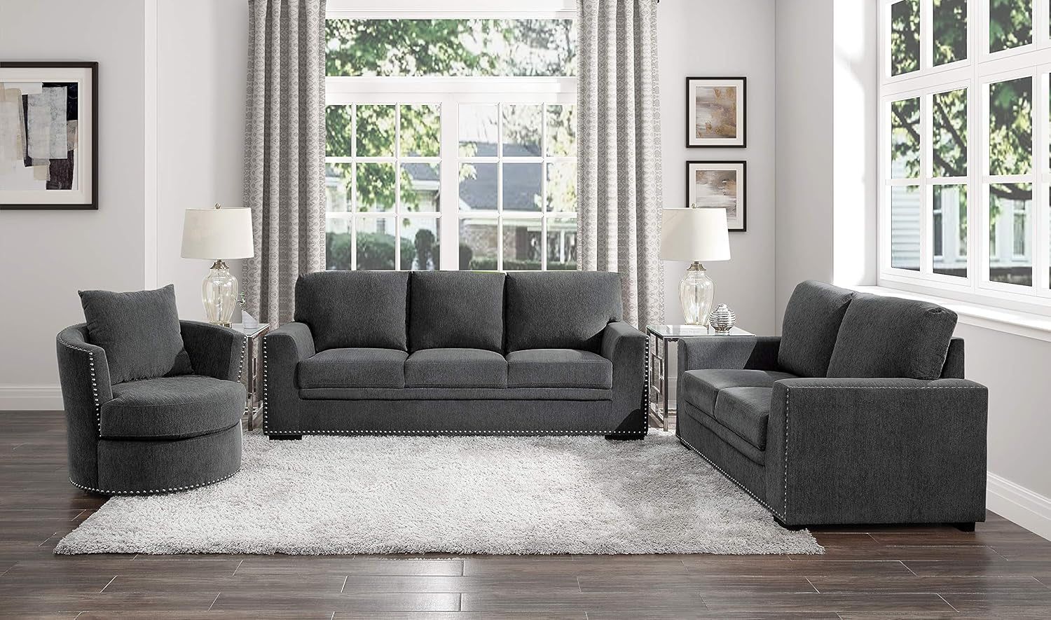 Living Room Furniture Set, Modern Couches for Living Room, Chenille Upholstered Couch Set, Including Sofa, Loveseat and Lounge Chair with Solid Wood Frame, 3-Piece Set, Charcoal