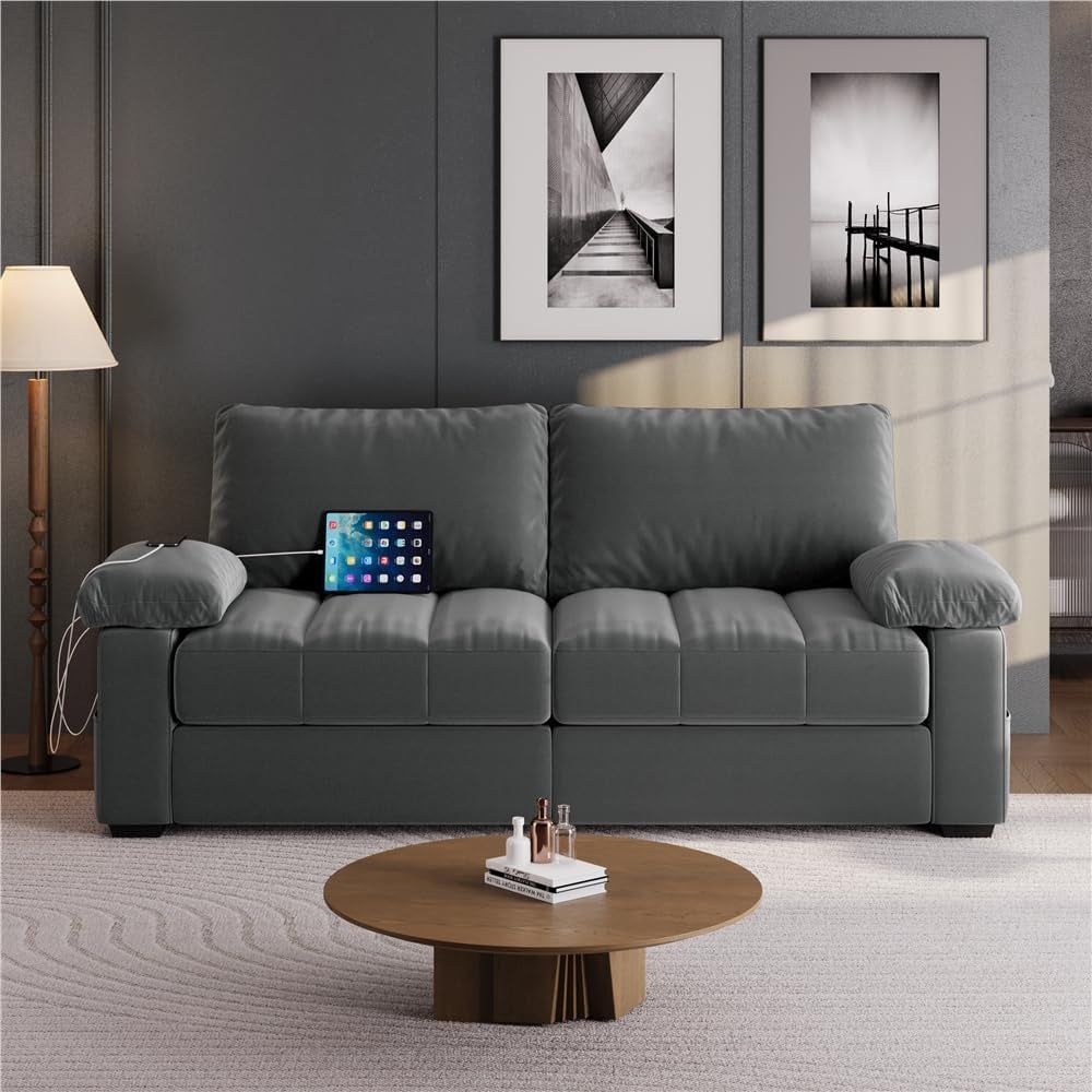 79&quot; Velvet Couch, Comfy Sofa with Pocket Coils, Deep Seat, Storage Pockets and USB Ports, 2 Seater Modern Loveseat Sofas with Removable Cover, Pillow Top Arms for Living Room Apartment Gray