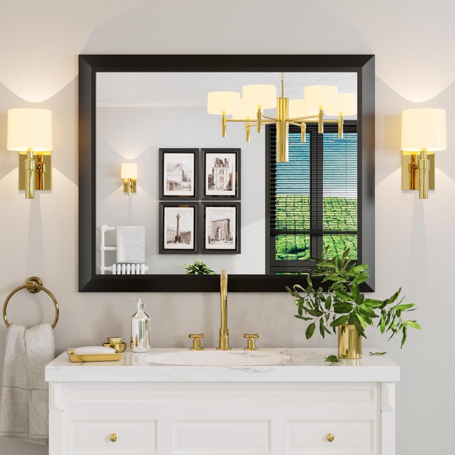 Black Bathroom Mirror, 40X32 Inch Thick Metal Framed Wall Mirrors for Vanity, Bedroom, Living Room, Entryway, Rectangle Wall-Mounted Mirrors(Horizontal/Vertical).