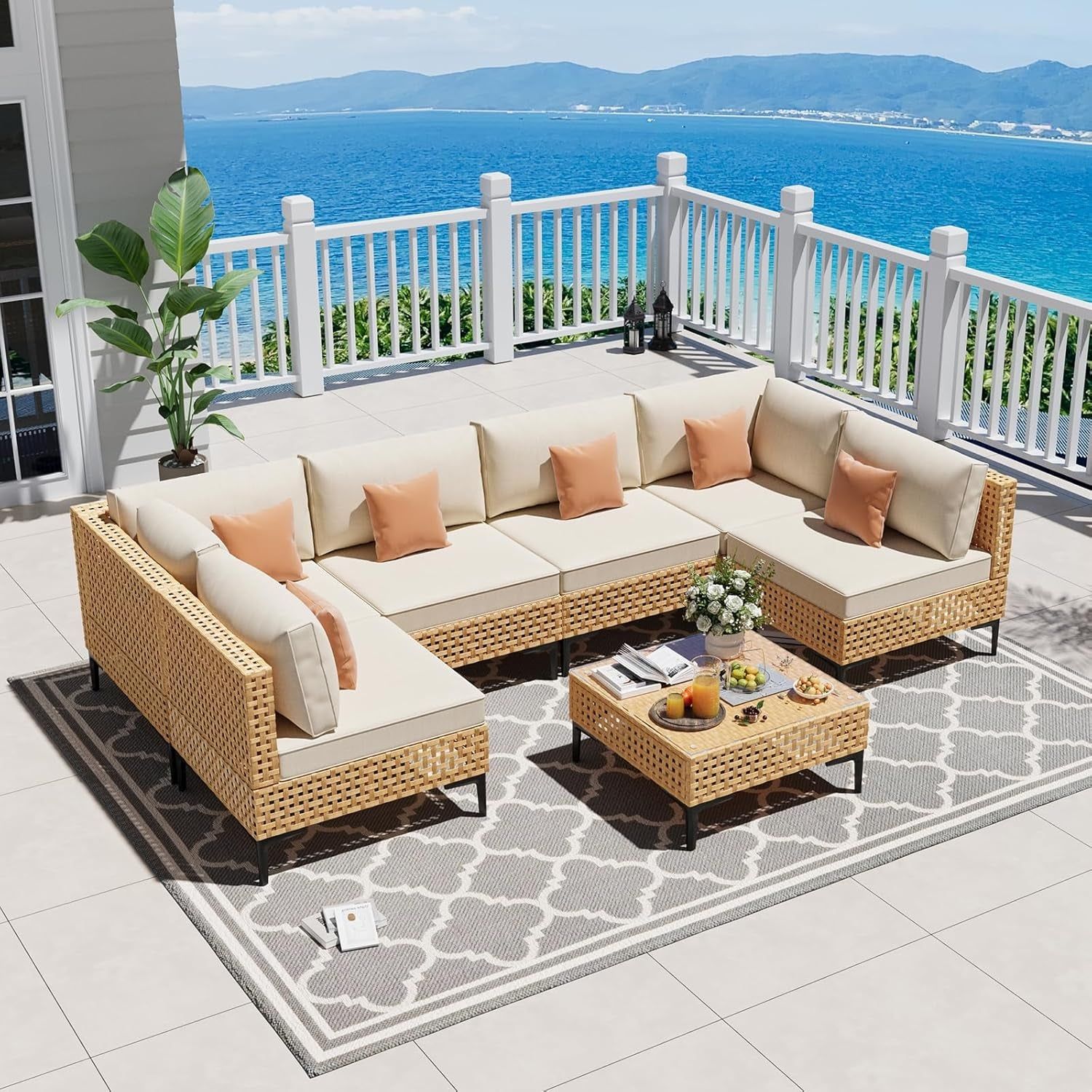 Paito Furniture Set, 110&quot; Large 7-Piece Wicker Outdoor Paito Furniture Sets with Coffee Table,Boho Patio Conversation Set Sectional Sofa with All-Weather Cushions for Backyard,Porch,Beige