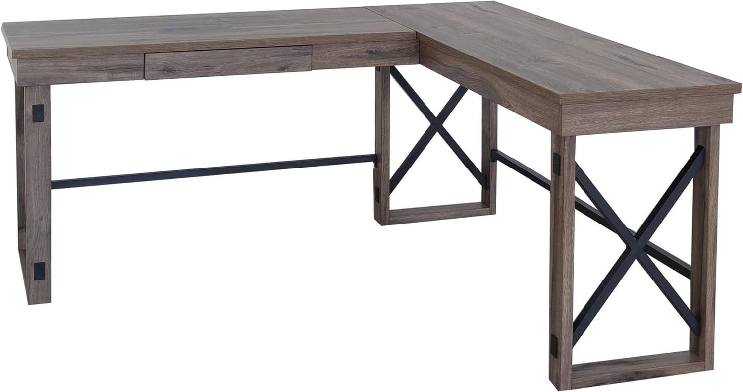 LYS L-Shaped Industrial Desk - Gray Oak Top - 29.50&quot; Height X 67&quot; Width X 52.13&quot; Depth