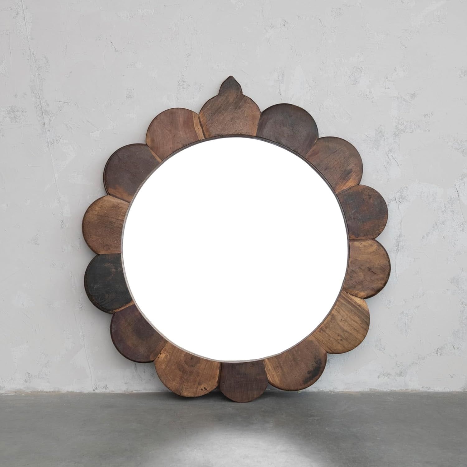35-Inch Round Scalloped Natural Wall Mirror with Vintage Reclaimed Wood Frame