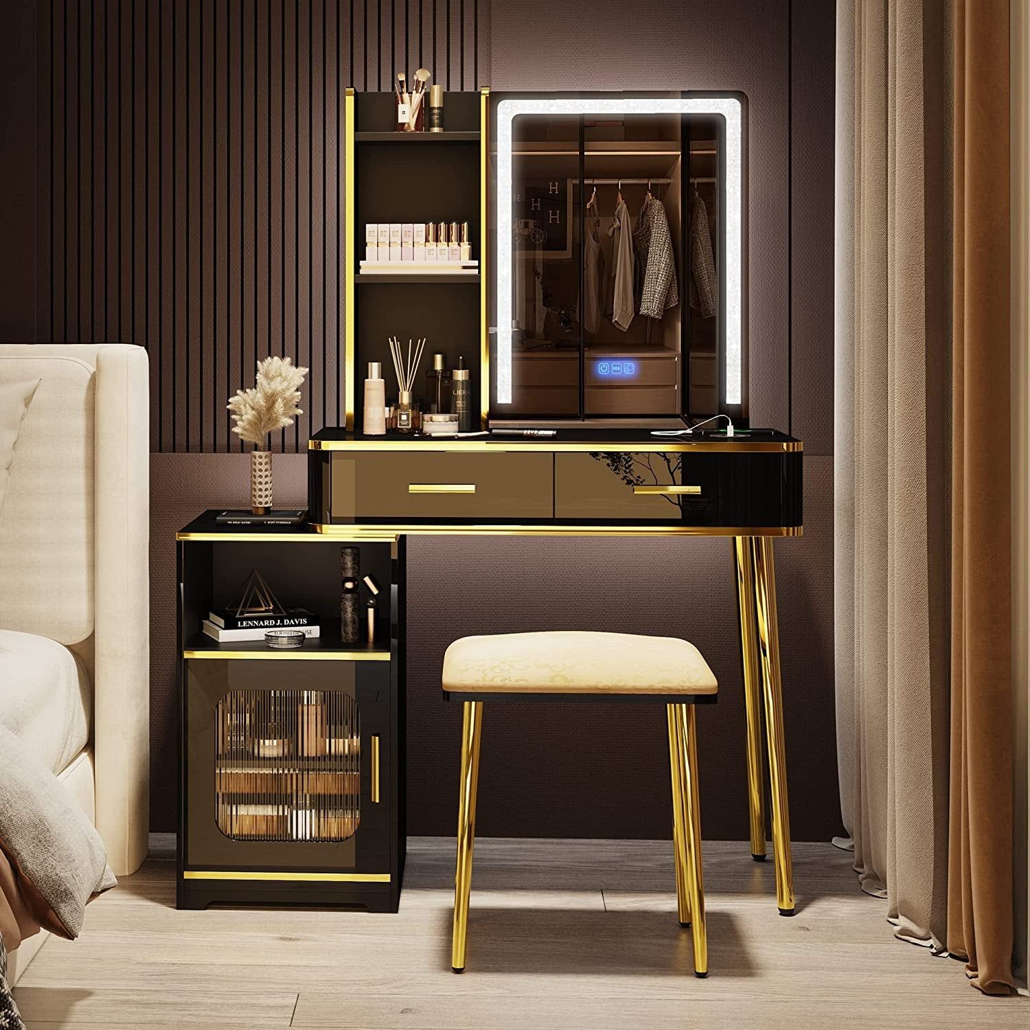 Black Makeup Vanity Set with RGB LED Lighted Mirror
