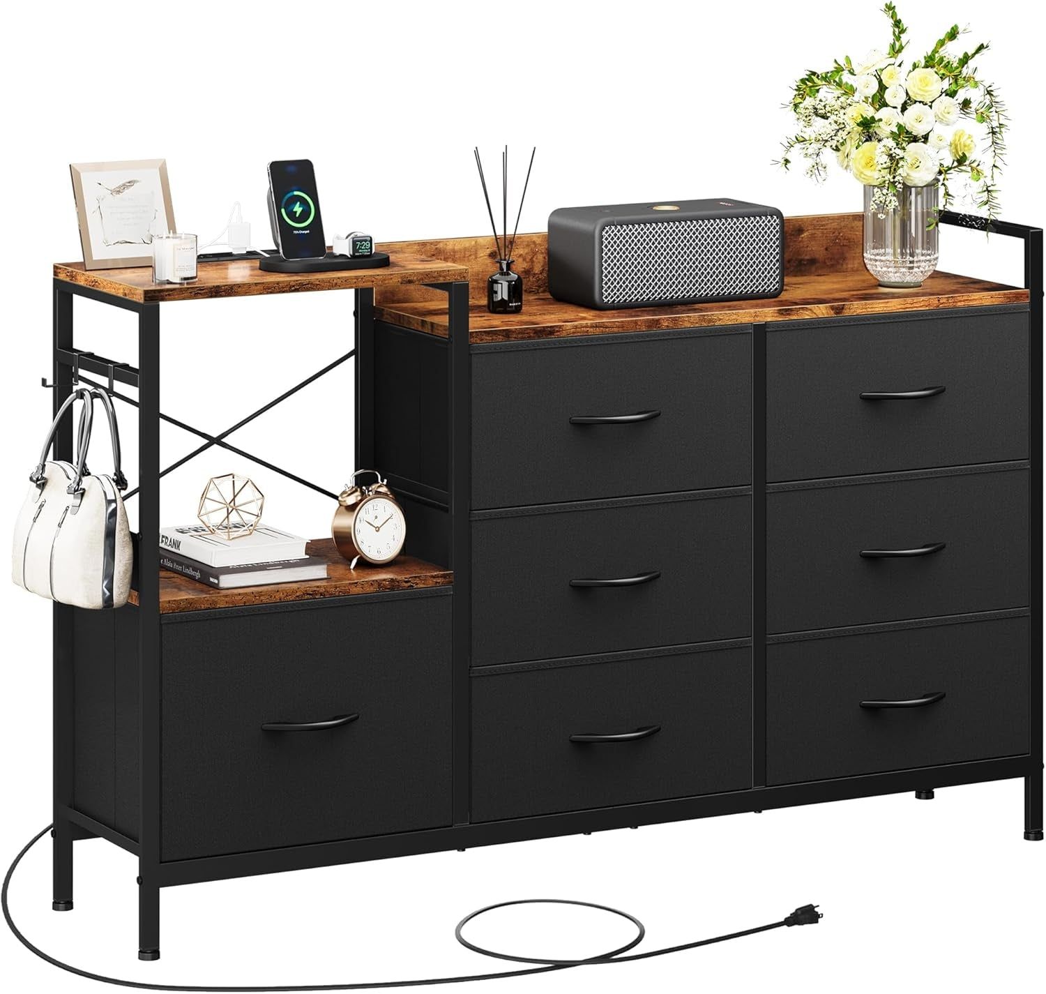 TV Stand with Charging Station, TV Dresser for 52&#39;&#39;, Media Console Table, Long TV Stand for Living Room TV Stand with 7 Drawers and Shelves