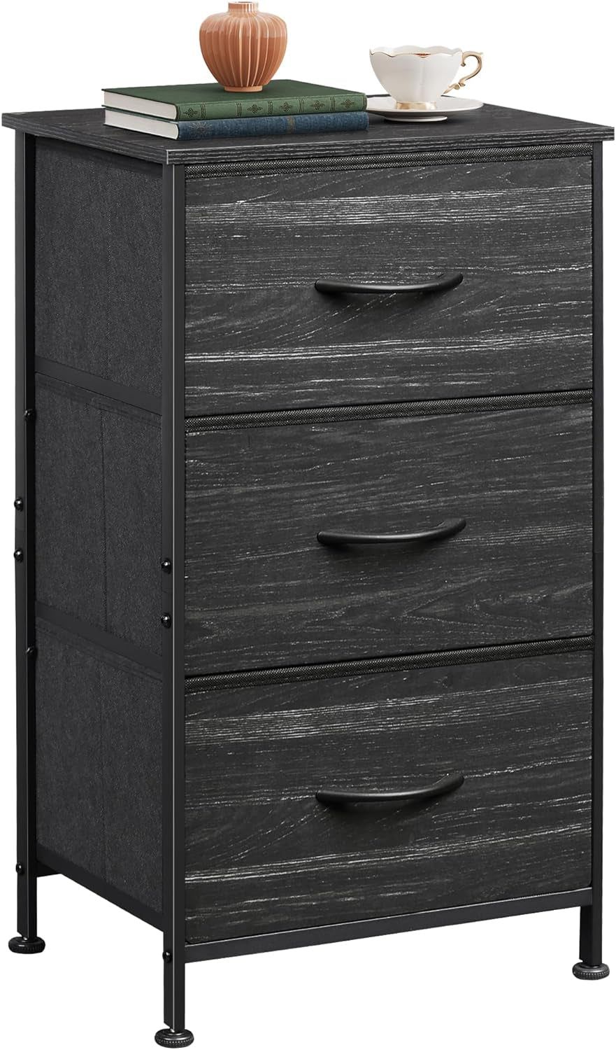 Nightstand with 3 Drawers, Fabric Dresser, Organizer Unit, Storage Dresser for Bedroom, Hallway, Entryway, Closets, Steel Frame, Wood Top, Easy Pull Handle, Charcoal Black Wood Grain Print