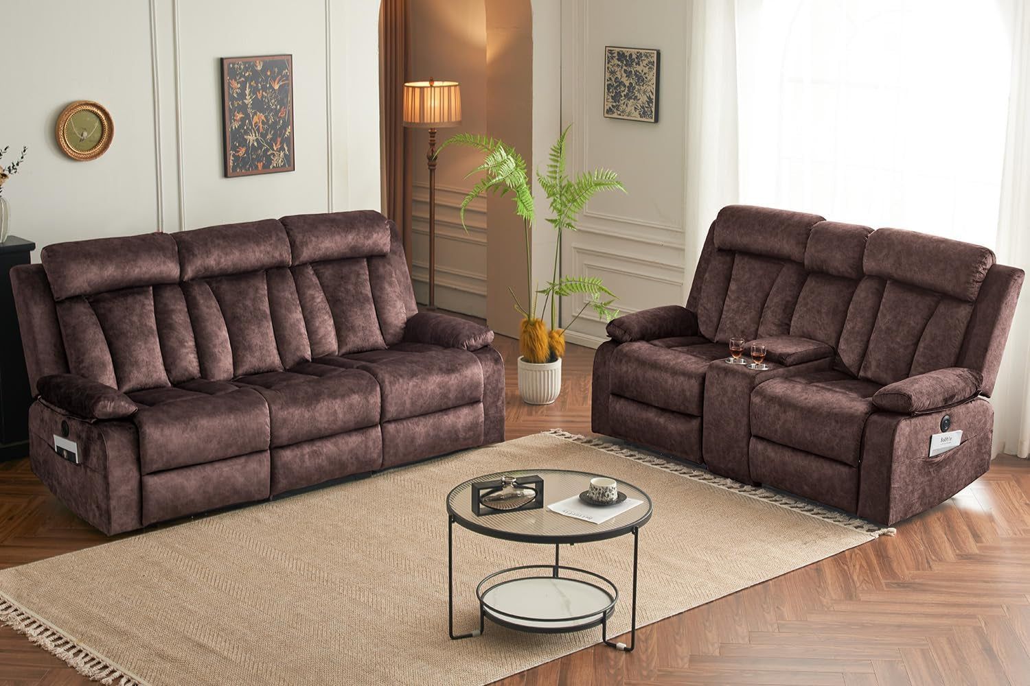 Electric Power Reclining Sofa Set - 3-Seater with Flip-Top Console &amp; Massage Heat, Faux Leather Dual Recliner with USB Ports &amp; Storage, Perfect for Living Room Comfort &amp; Convenience (Brown)