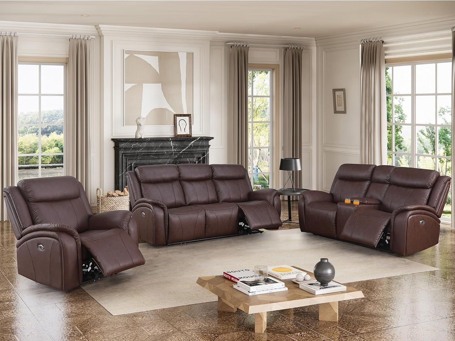 Power Recliner Sofa Set, 3 Piece Reclining Sofa for Living Room, PU Leather Home Theater Seating Recliner Couch Set with Storage and Cup Holders (Brown)