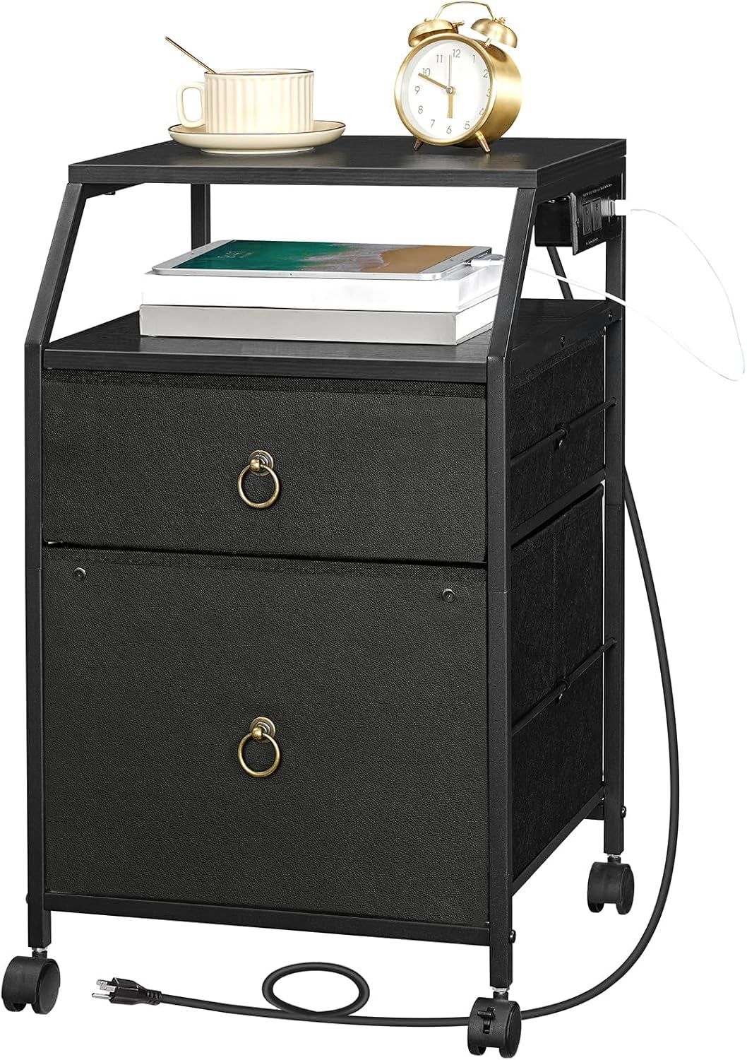 2-Drawer Mobile File Cabinet, Filing Cabinet with Charging Station, Rolling Printer Stand with Open Storage Shelf, Fits A4/Letter-Size for Home Office, Nonwovens Drawer, Black BB10UWJ01