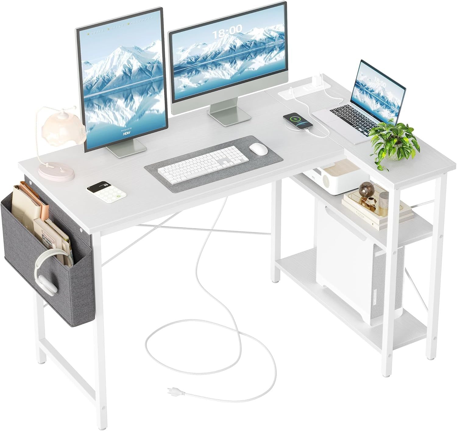 L Shaped Computer Desk with Power Outlets, 47 Inch Small Corner Desk with Reversible Shelves, Gaming Desk Computer Table Study Writing Desk for Home Office Small Space, White
