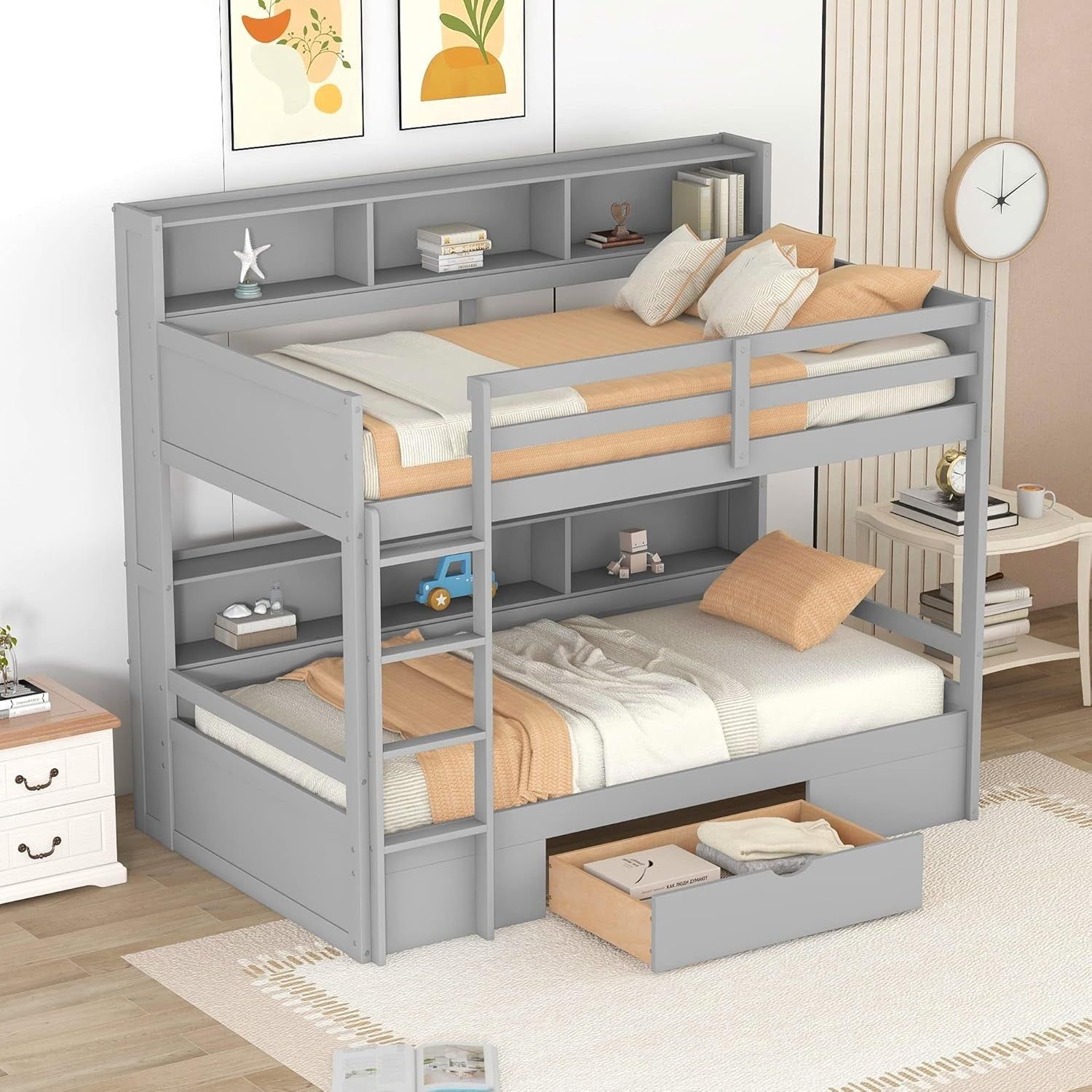 Twin over Twin Bunk Bed with Storage, Wooden Bunk Bed with Built-In Storage Shelves and Drawer, Kids Bunk Bed Twin Size for Boys &amp; Girls, No Box Spring Needed (Gray)