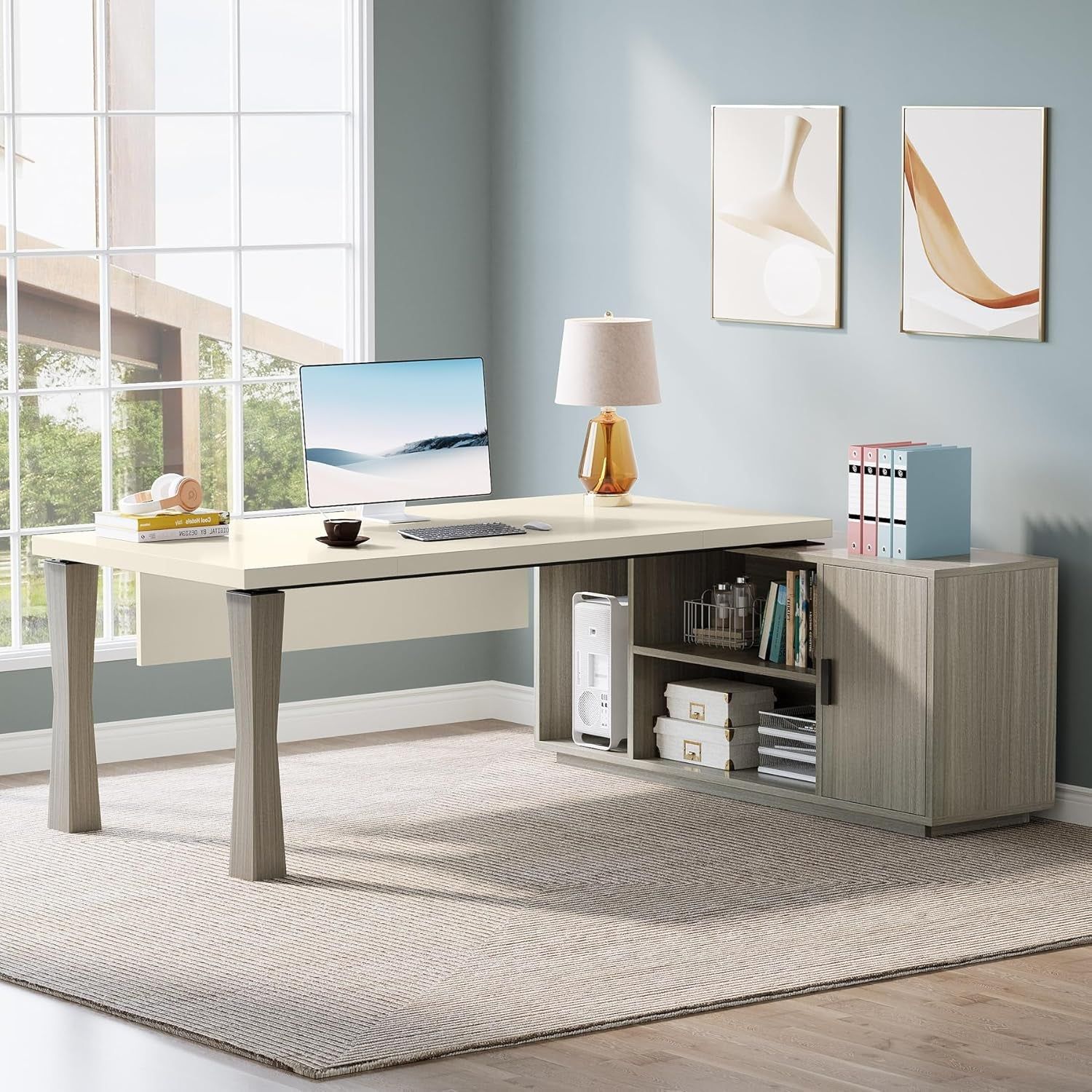 79&quot; Gray Cream White L Desk Executive Storage