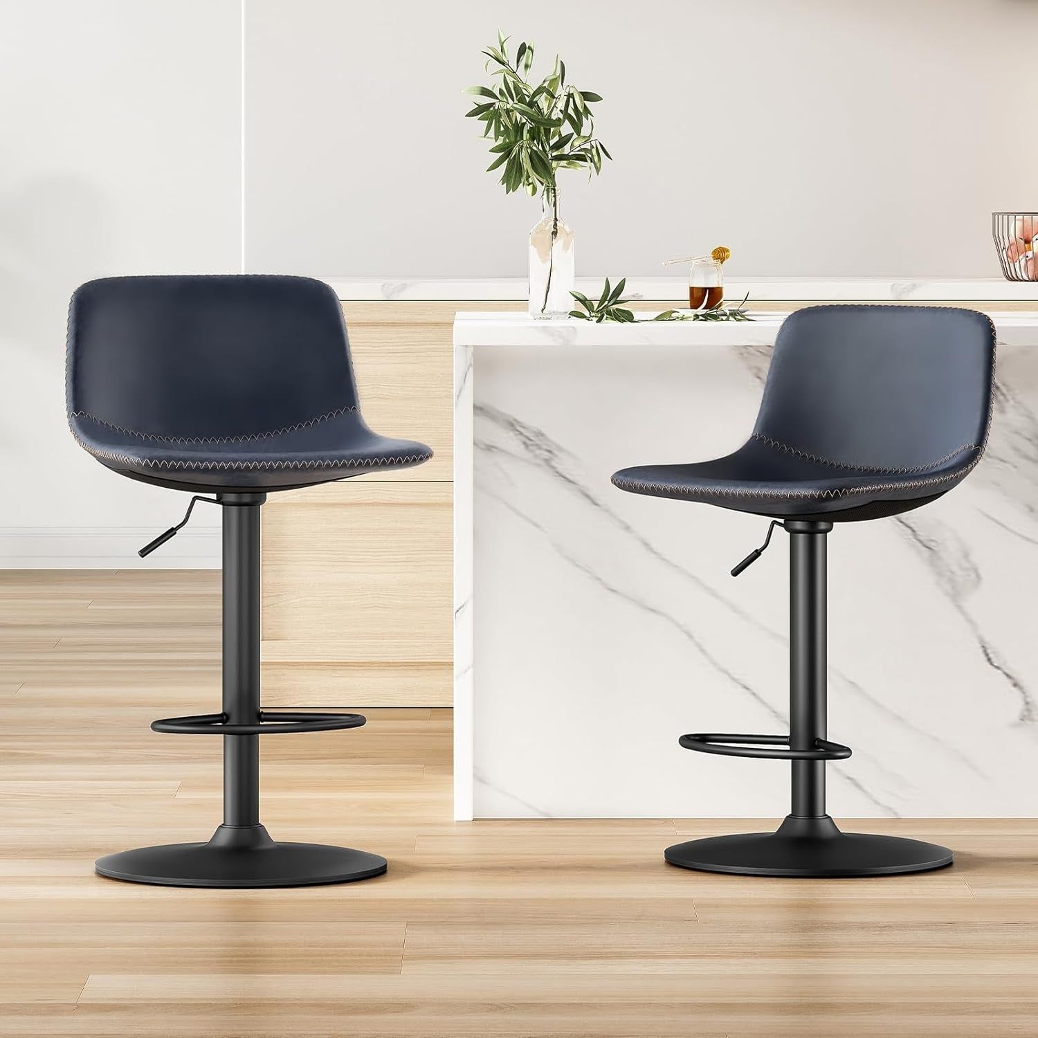 Adjustable Bar Stools Set of 2, Mid Century Modern Swivel Bar Stools, Industrial Bar Height Stools with Back Support Counter Height Bar Chairs Pu Leather Bar Stool for Kitchen Island Rustic Barstools