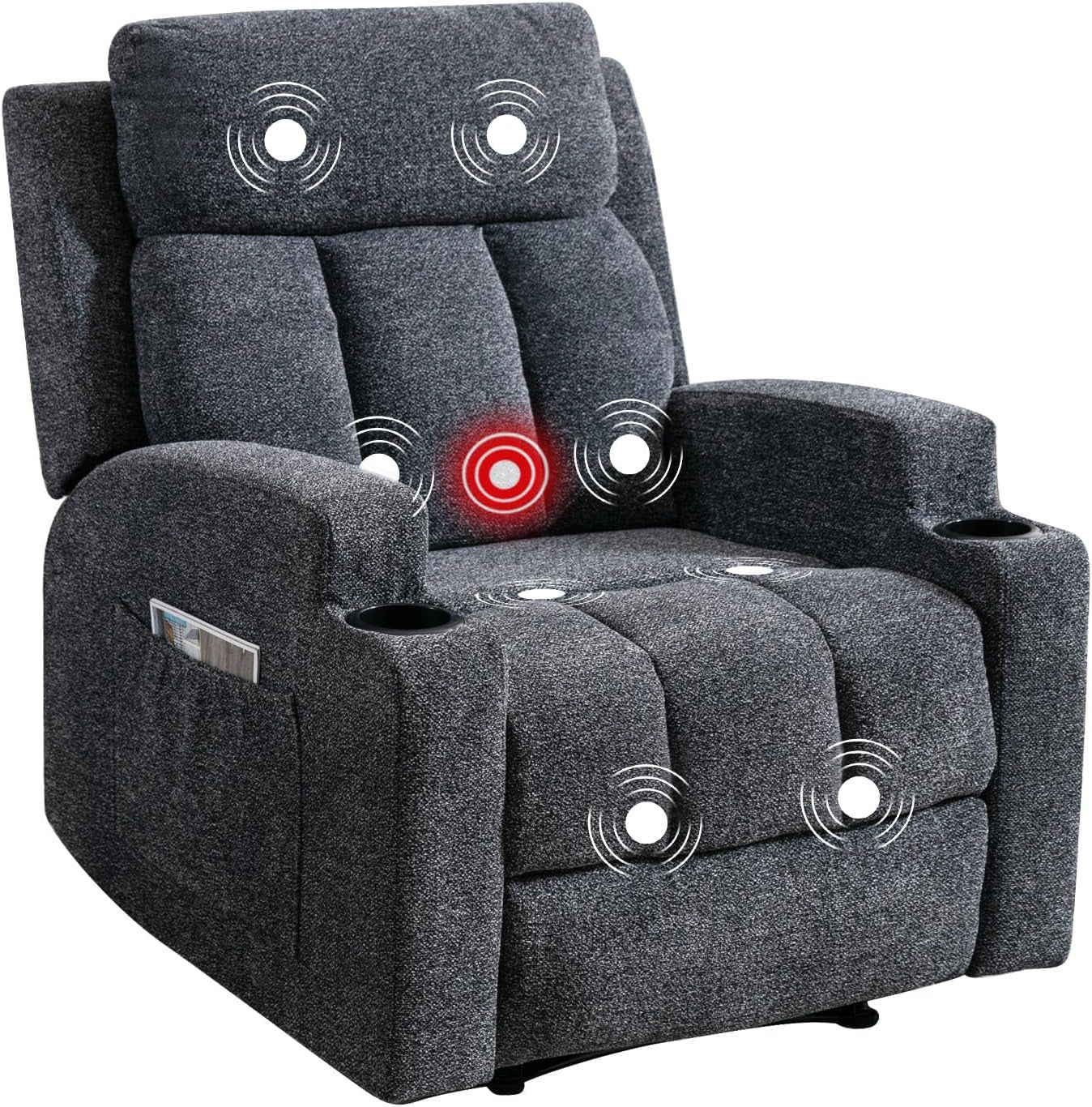 Manual Recliner Chair with Massage and Heat for Living Room Overstuffed Breathable Fabric Reclining Chair with 2 Side Pockets, 2 Cup Holders, Remote Control, Dark Gray