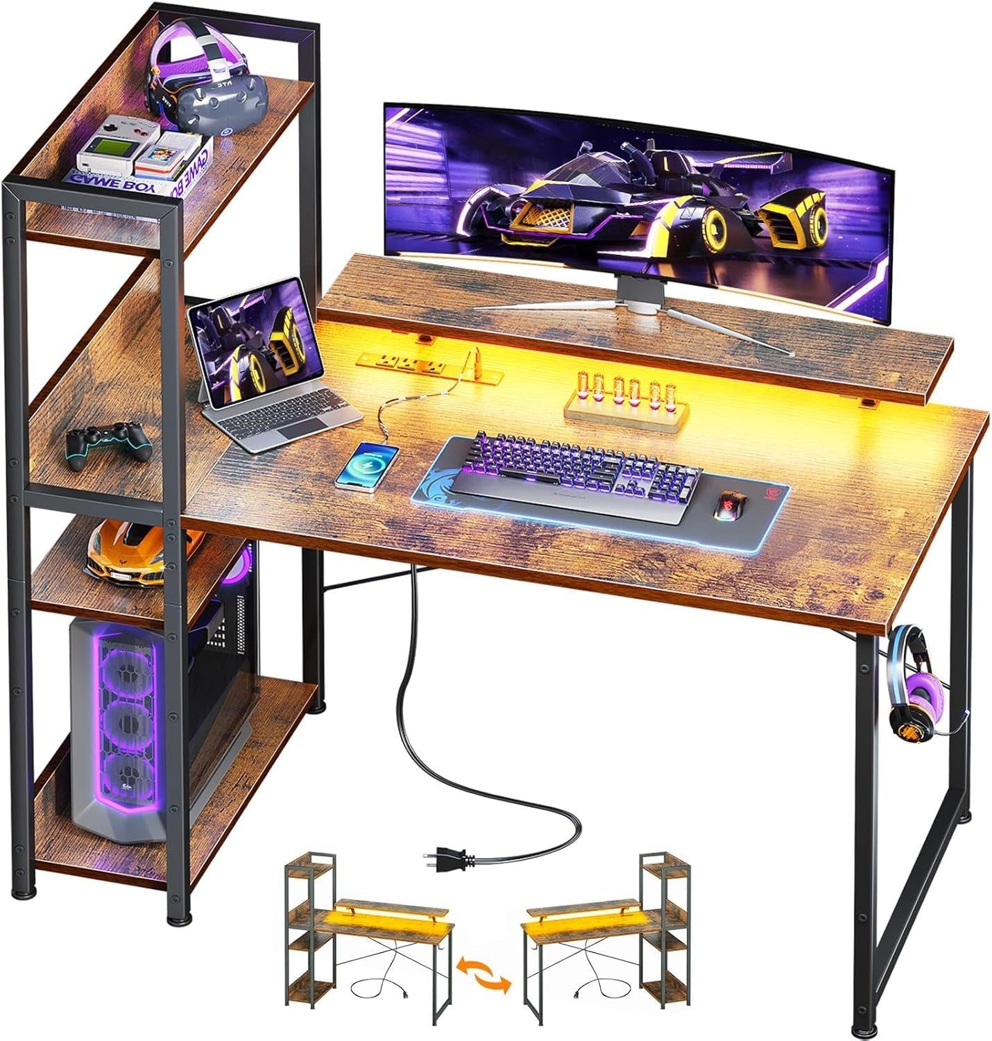 Reversible Gaming Desk with USB Charging Port and LED Lights, 40 Inch Computer Desk with Storage Shelves &amp; Monitor Stand, Writing Study Table for Home Office, Small Space Bedroom, Rustic Brown