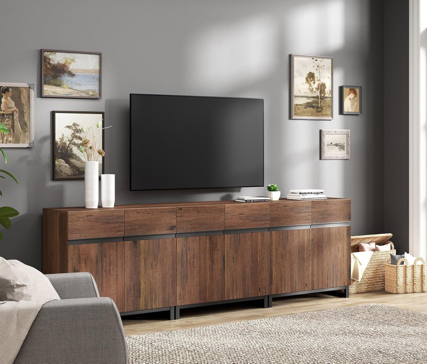 Modern TV Stand for Tvs up to 100 Inch, 3 in 1 Entertainment Center TV Console with Adjustable Shelves and Metal Base for Living Room,Bedroom,Brown