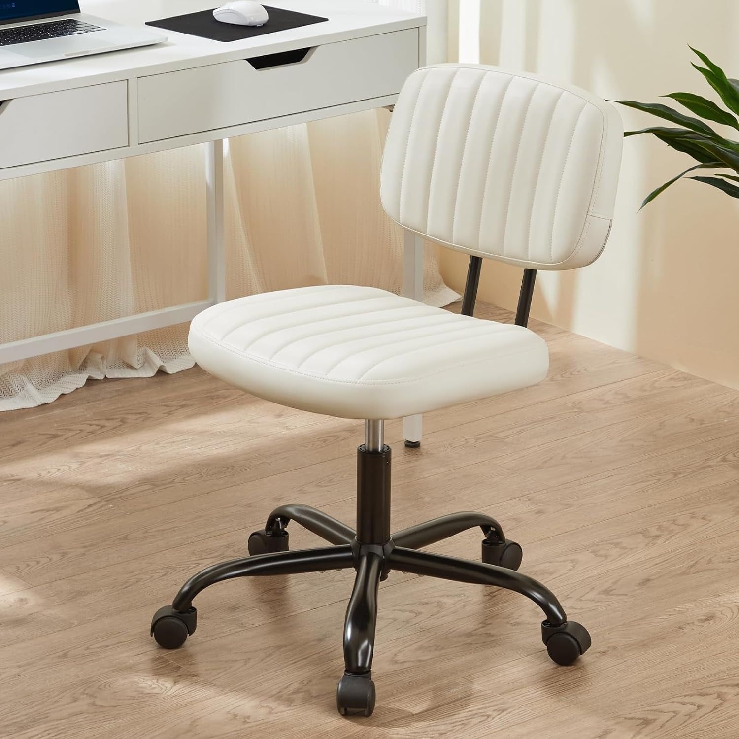 Small Office Computer Desk Chair with Wheels and Lumbar Support, Comfy Cute Armlees PU Leather Vanity Rolling Swuvel Task Chair No Arm for Adult, Student
