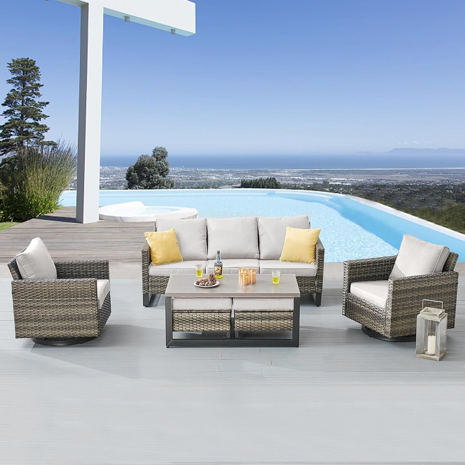 6 Piece Outdoor Furniture Patio Wicker Sofa Set, Oversize Outdoor Swivel Rocker Chairs with Rattan Ottomans, Conversation Sets Patio Furniture Come with Removable Washable Cushion